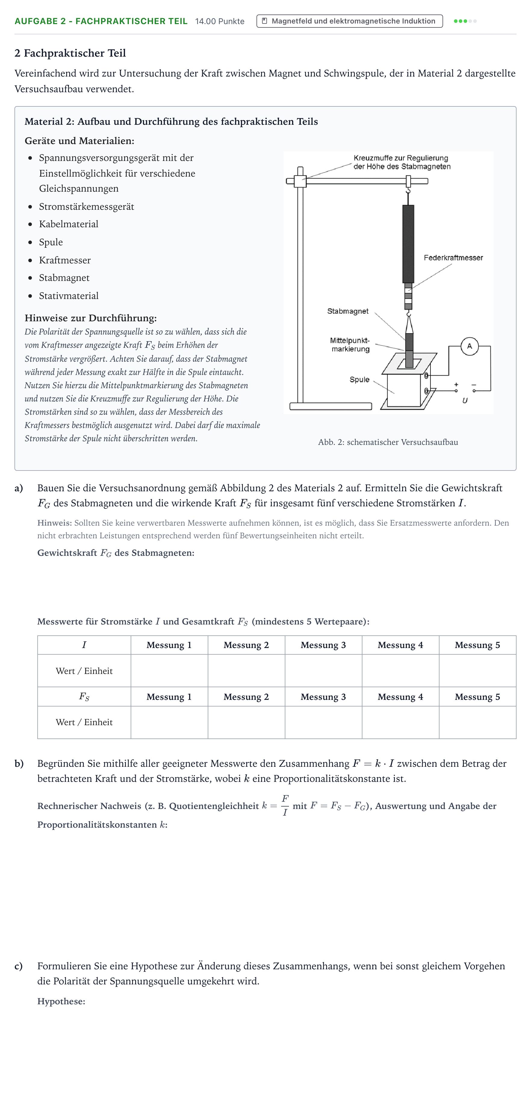 Aufgabenstellung: Aufgabe 2 - Fachpraktischer Teil · Abitur NRW Physik GK · Dynamischer Lautsprecher 2025