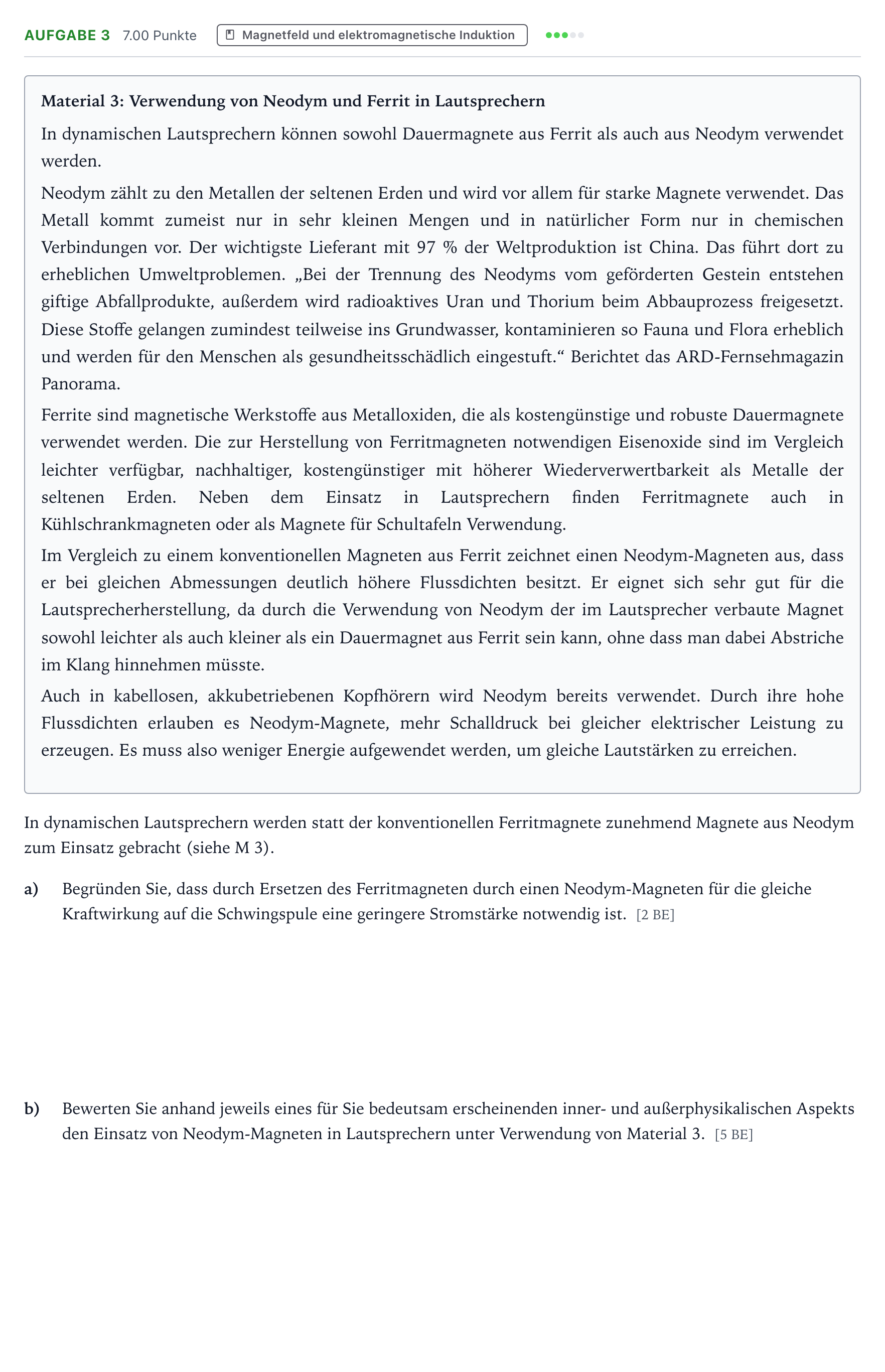 Aufgabenstellung: Aufgabe 3 · Abitur NRW Physik GK · Dynamischer Lautsprecher 2025
