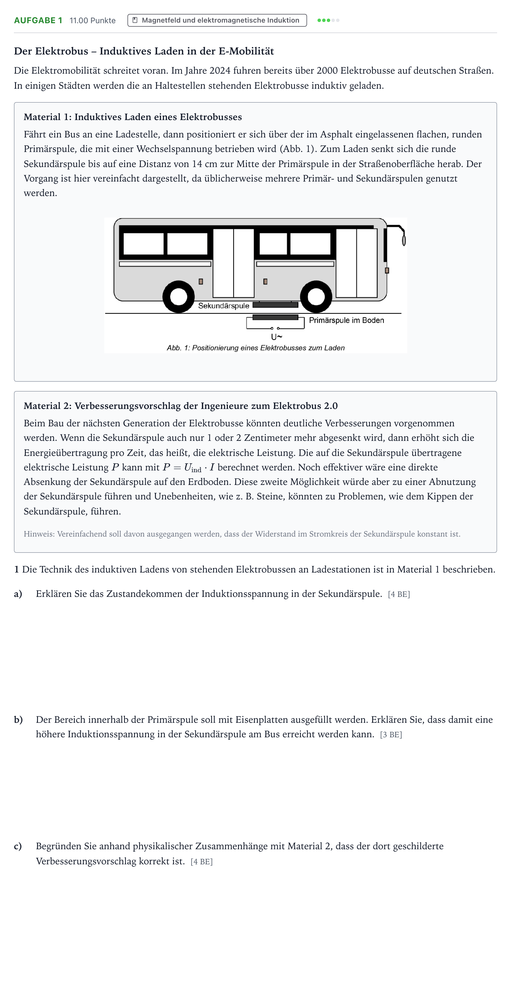 Aufgabenstellung: Aufgabe 1 · Abitur NRW Physik GK · Elektrobus 2026