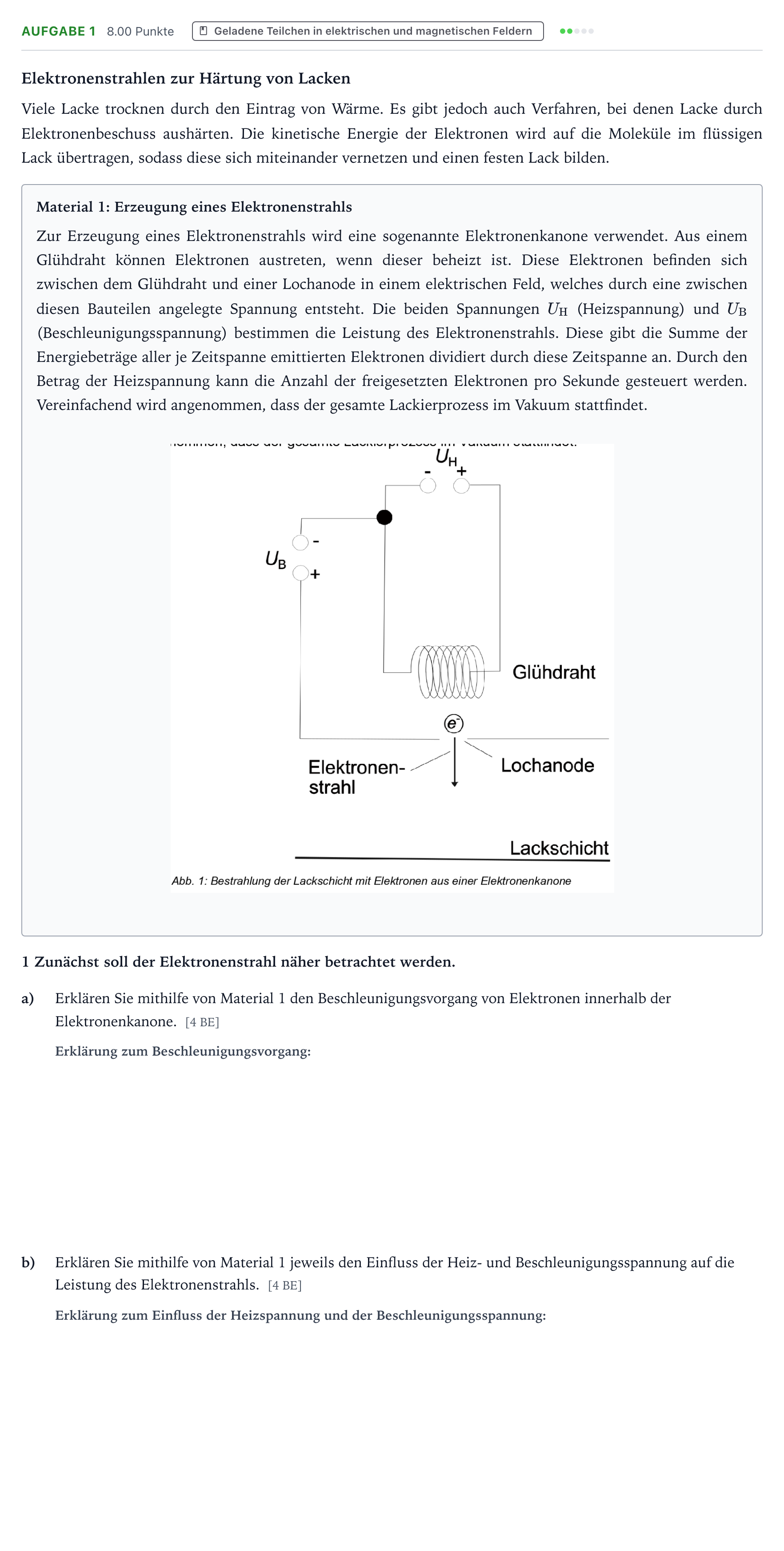 Aufgabenstellung: Aufgabe 1 · Abitur NRW Physik GK · Elektronenstrahlhärtung 2026