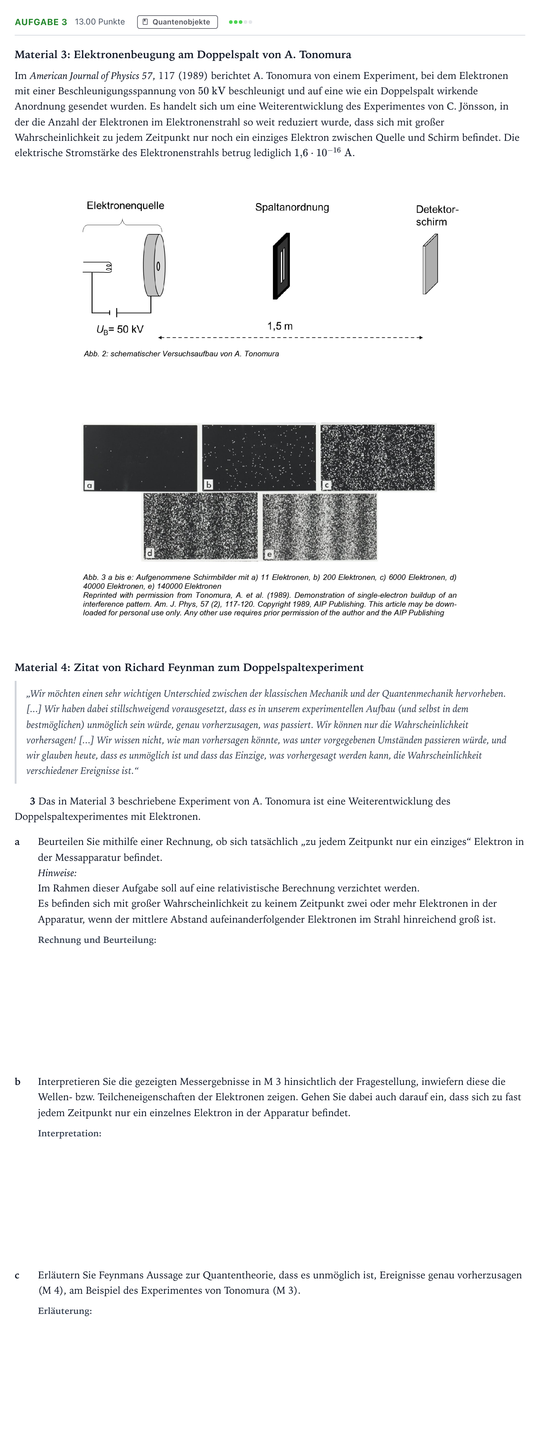 Aufgabenstellung: Aufgabe 3 · Abitur NRW Physik LK · Eletroneninterferenz EN 2025