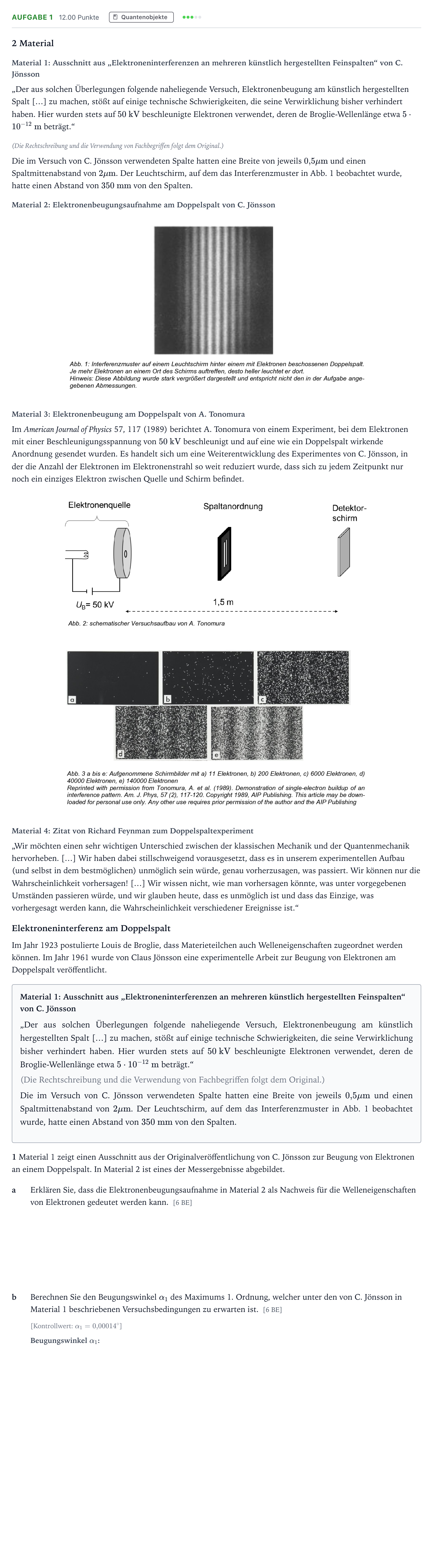Aufgabenstellung: Aufgabe 1 · Abitur NRW Physik GK · Eletroneninterferenz GN 2025