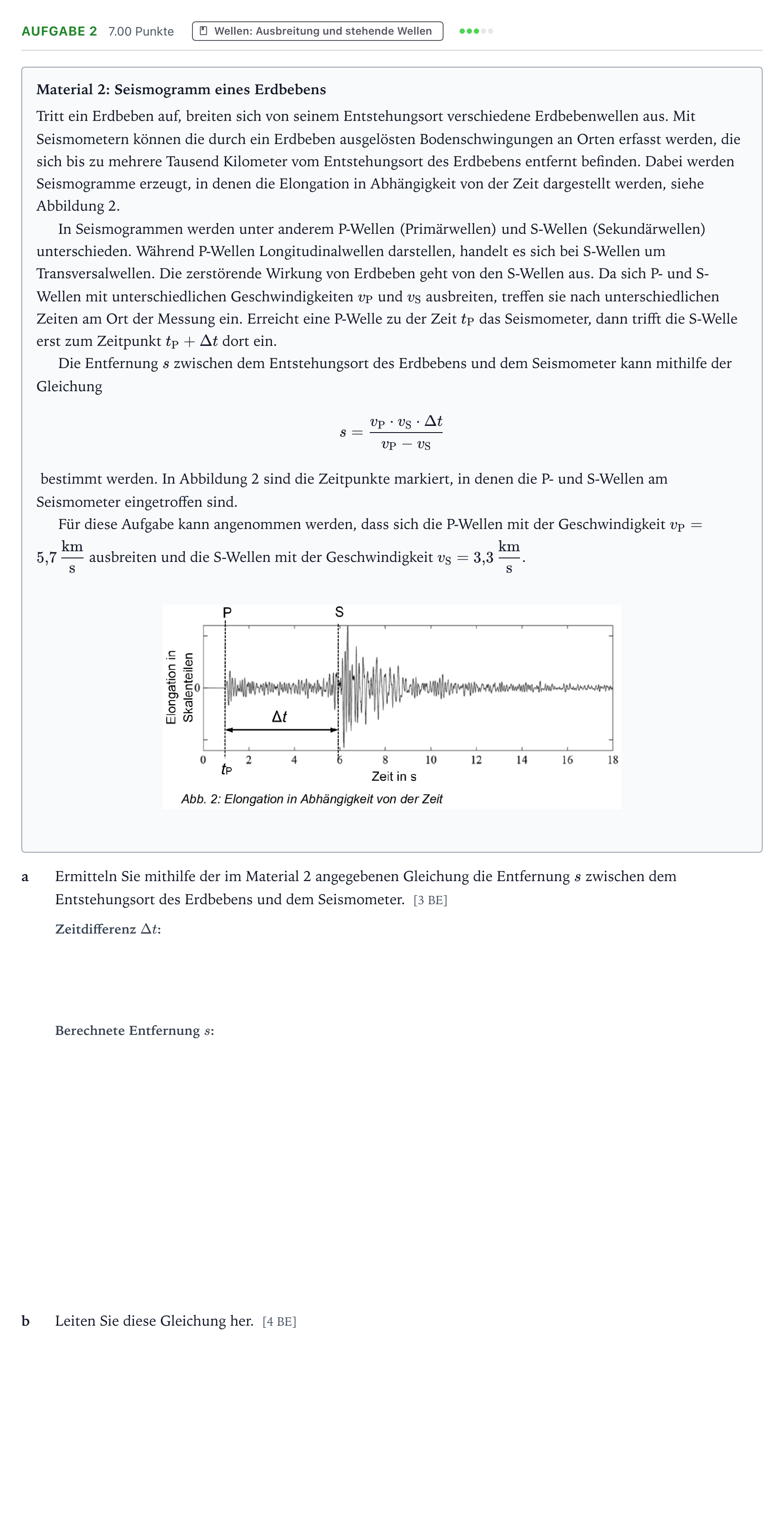 Aufgabenstellung: Aufgabe 2 · Abitur NRW Physik GK · Erdbebenwellen 2026