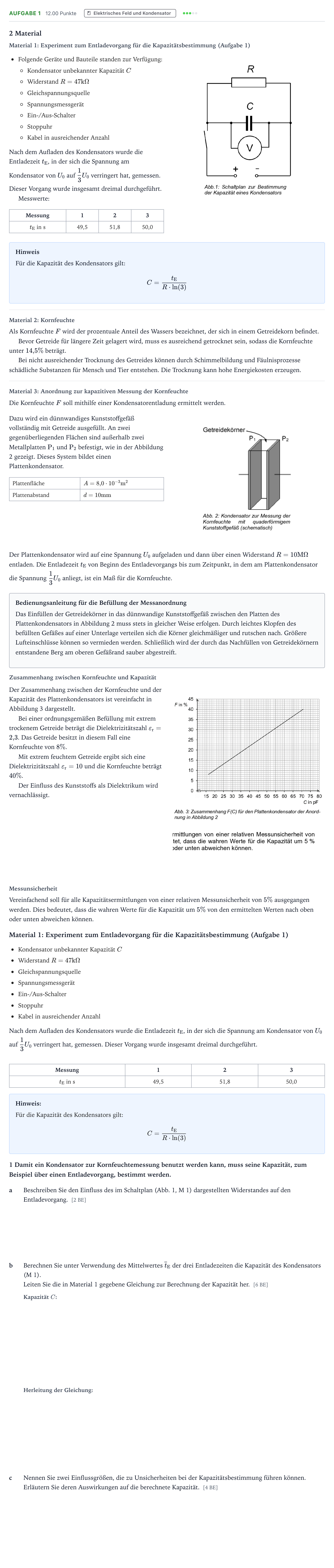 Aufgabenstellung: Aufgabe 1 · Abitur NRW Physik LK · Feuchtigkeitsmessung von Getreide E 2026