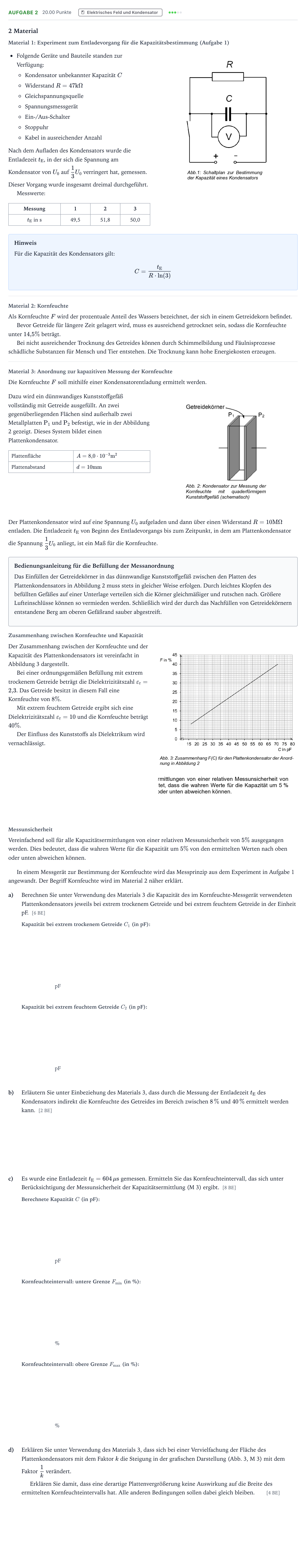 Aufgabenstellung: Aufgabe 2 · Abitur NRW Physik LK · Feuchtigkeitsmessung von Getreide E 2026