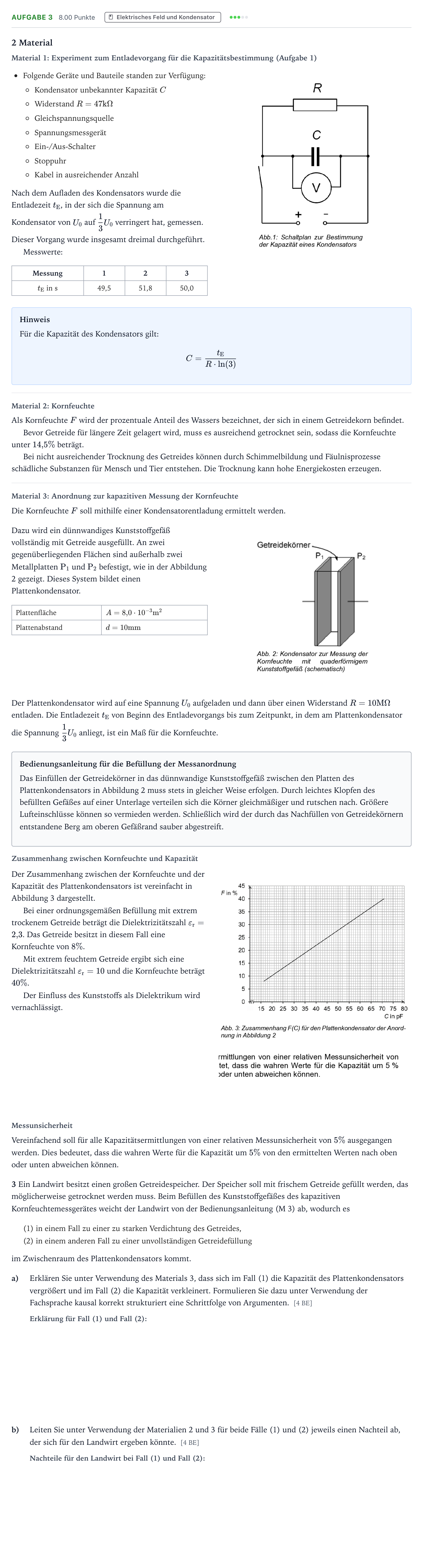 Aufgabenstellung: Aufgabe 3 · Abitur NRW Physik LK · Feuchtigkeitsmessung von Getreide E 2026
