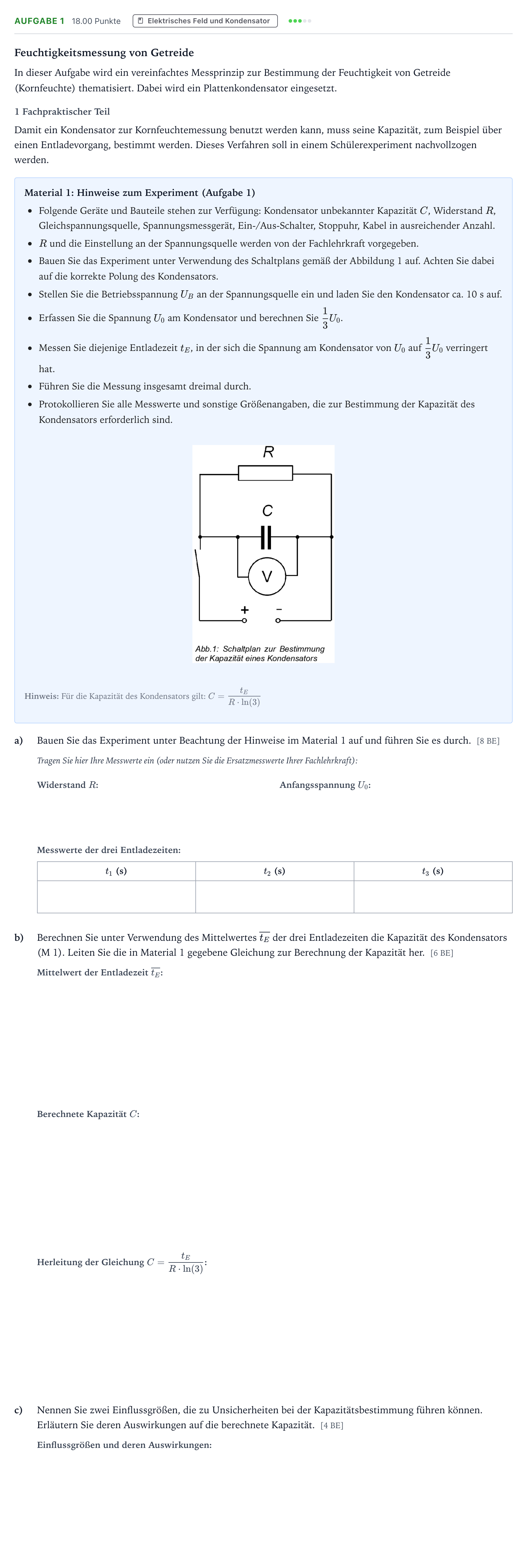 Aufgabenstellung: Aufgabe 1 · Abitur NRW Physik LK · Feuchtigkeitsmessung von Getreide E 2026