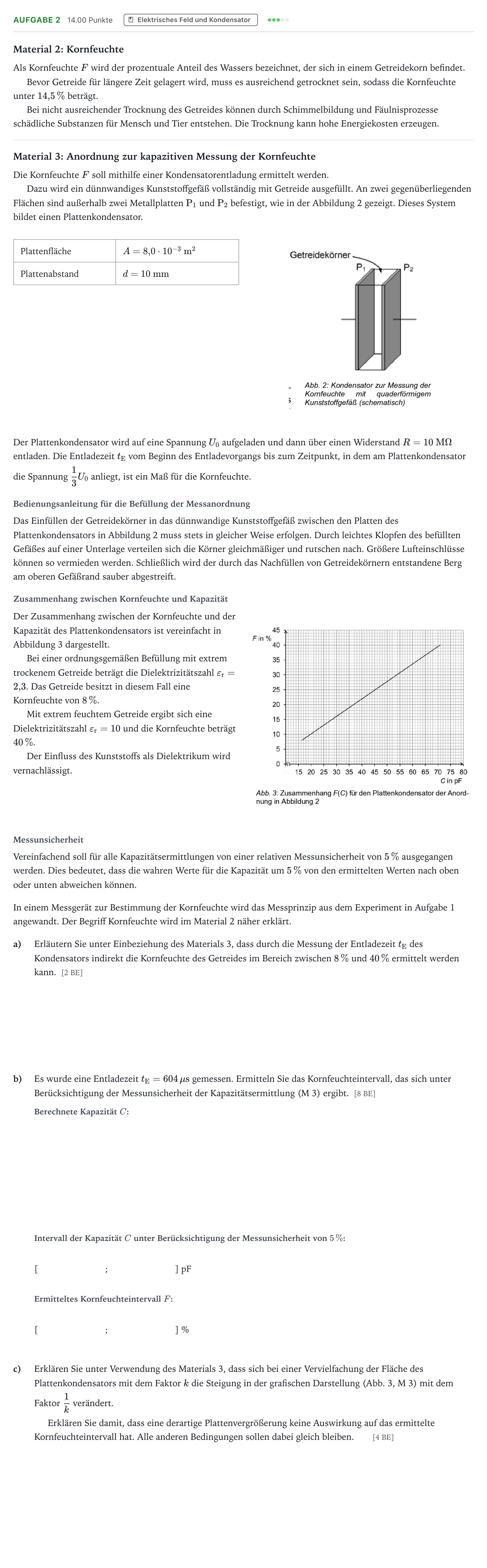 Aufgabenstellung: Aufgabe 2 · Abitur NRW Physik LK · Feuchtigkeitsmessung von Getreide E 2026