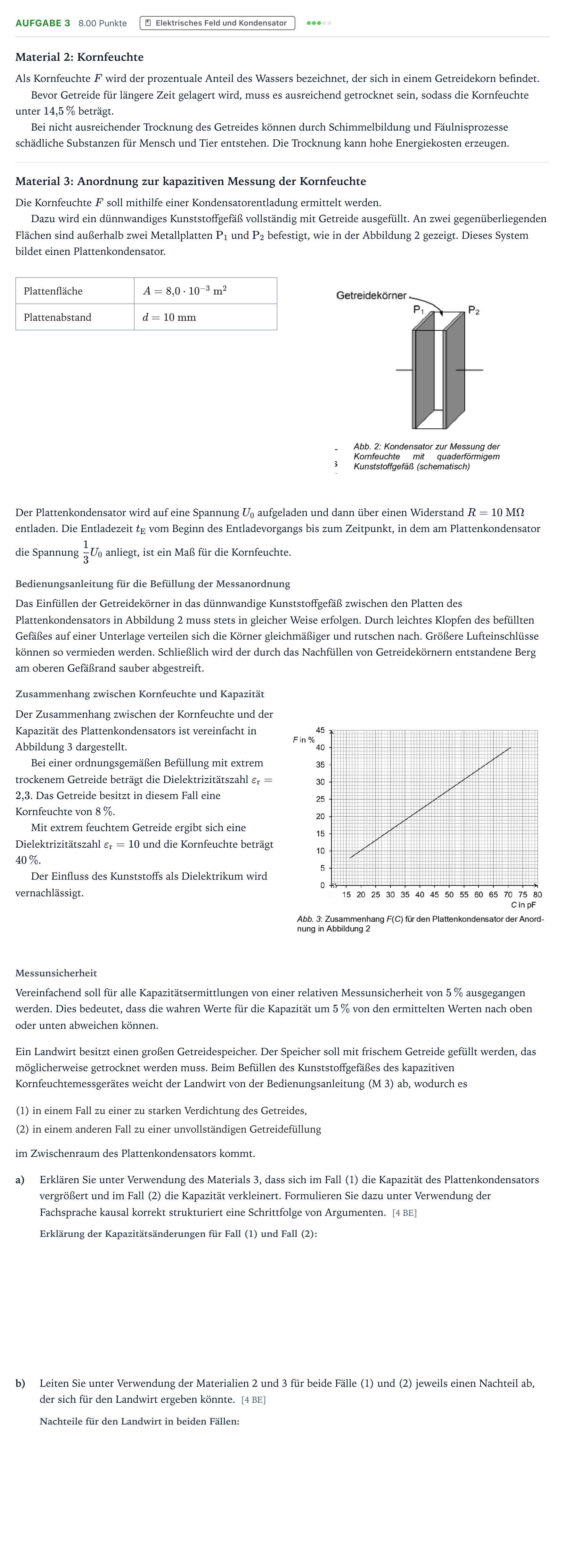Aufgabenstellung: Aufgabe 3 · Abitur NRW Physik LK · Feuchtigkeitsmessung von Getreide E 2026