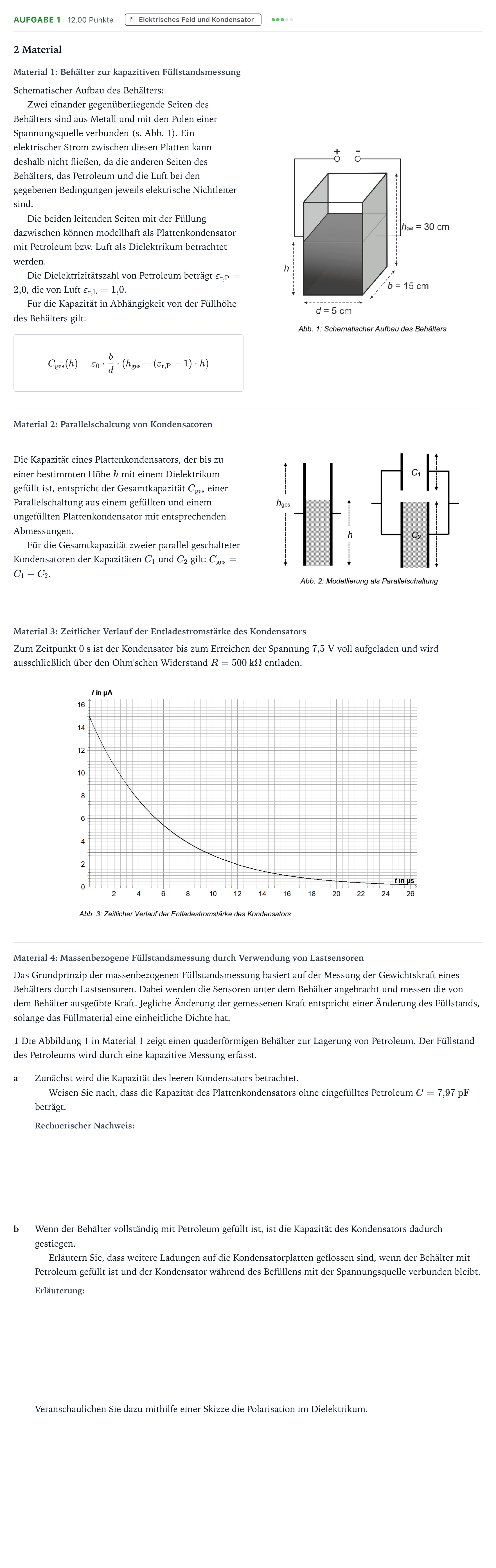 Aufgabenstellung: Aufgabe 1 · Abitur NRW Physik LK · Füllstandsmessung 2025