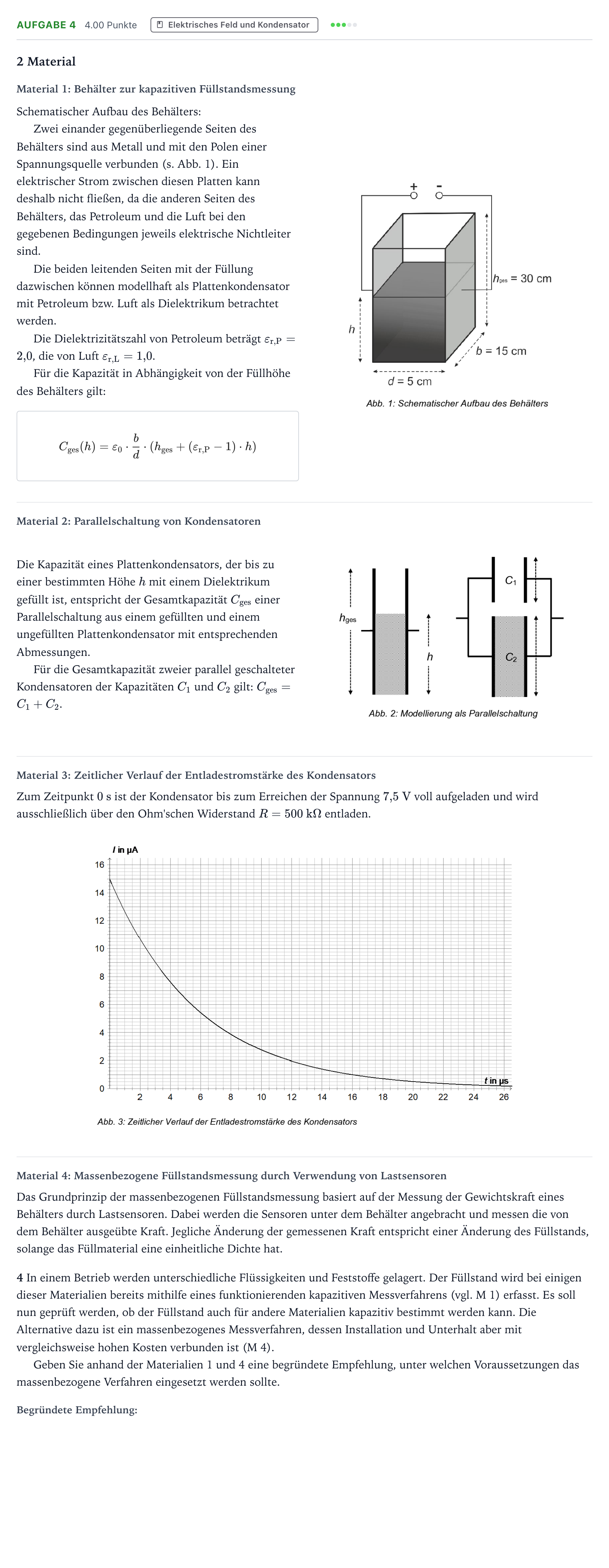Aufgabenstellung: Aufgabe 4 · Abitur NRW Physik LK · Füllstandsmessung 2025