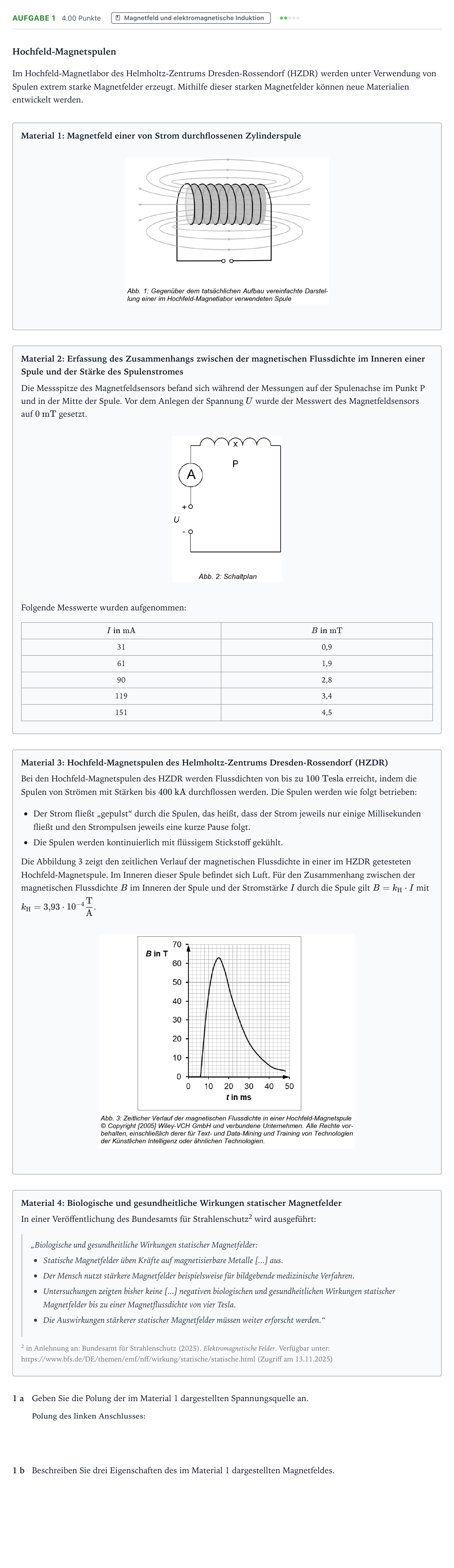 Aufgabenstellung: Aufgabe 1 · Abitur NRW Physik GK · Hochfeld-Magnetspule 2025