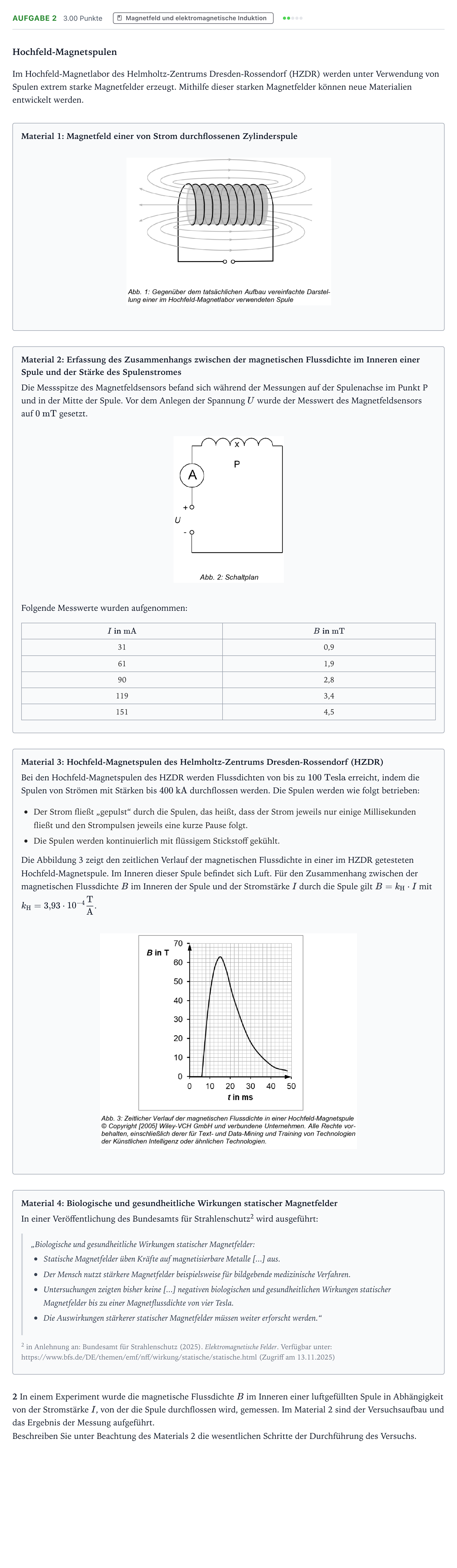 Aufgabenstellung: Aufgabe 2 · Abitur NRW Physik GK · Hochfeld-Magnetspule 2025