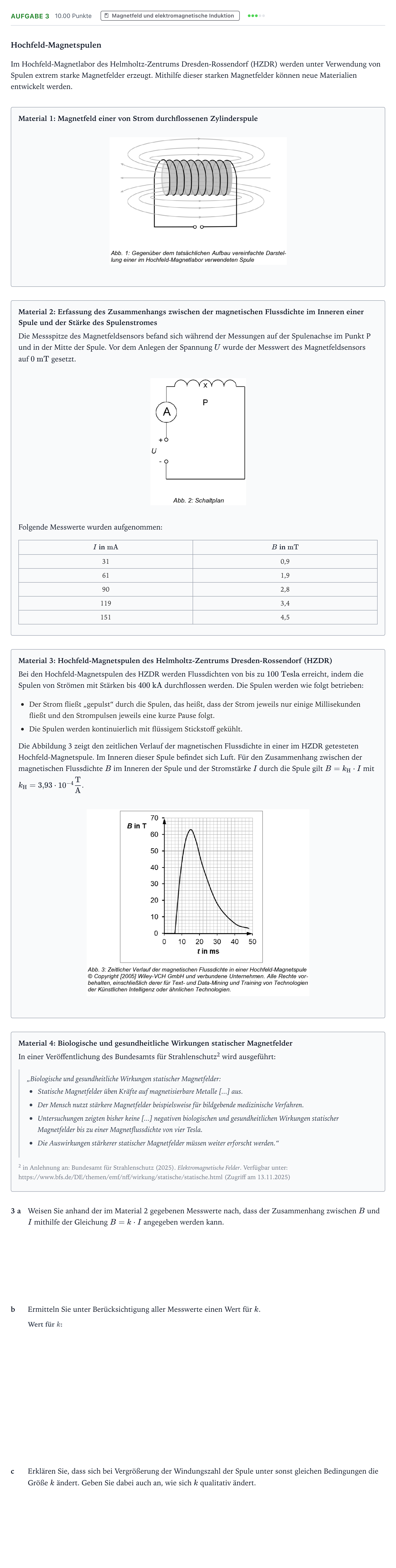 Aufgabenstellung: Aufgabe 3 · Abitur NRW Physik GK · Hochfeld-Magnetspule 2025