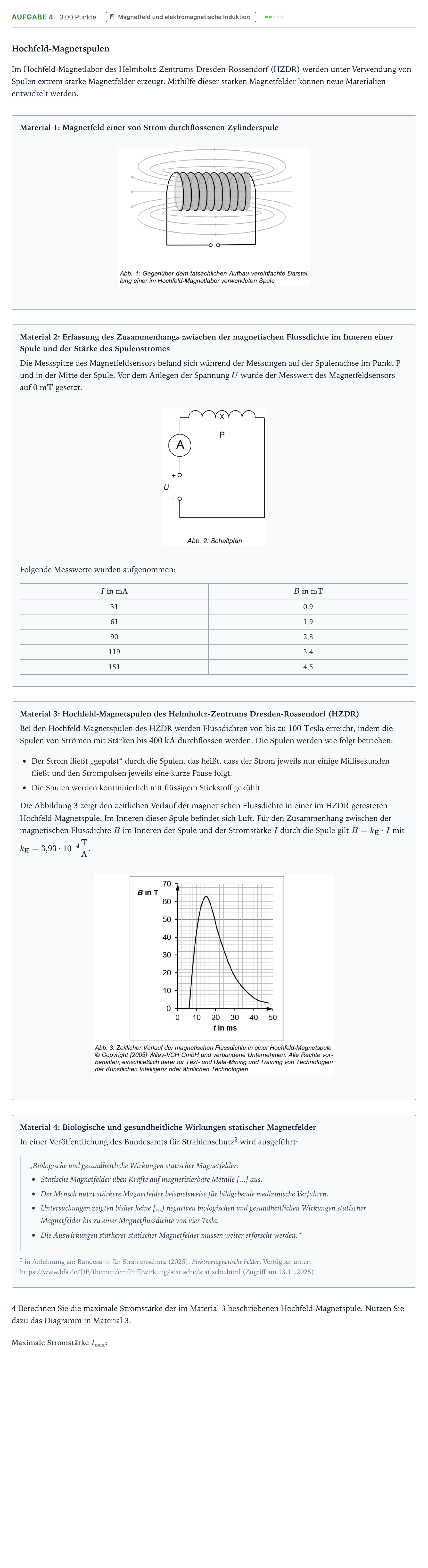 Aufgabenstellung: Aufgabe 4 · Abitur NRW Physik GK · Hochfeld-Magnetspule 2025
