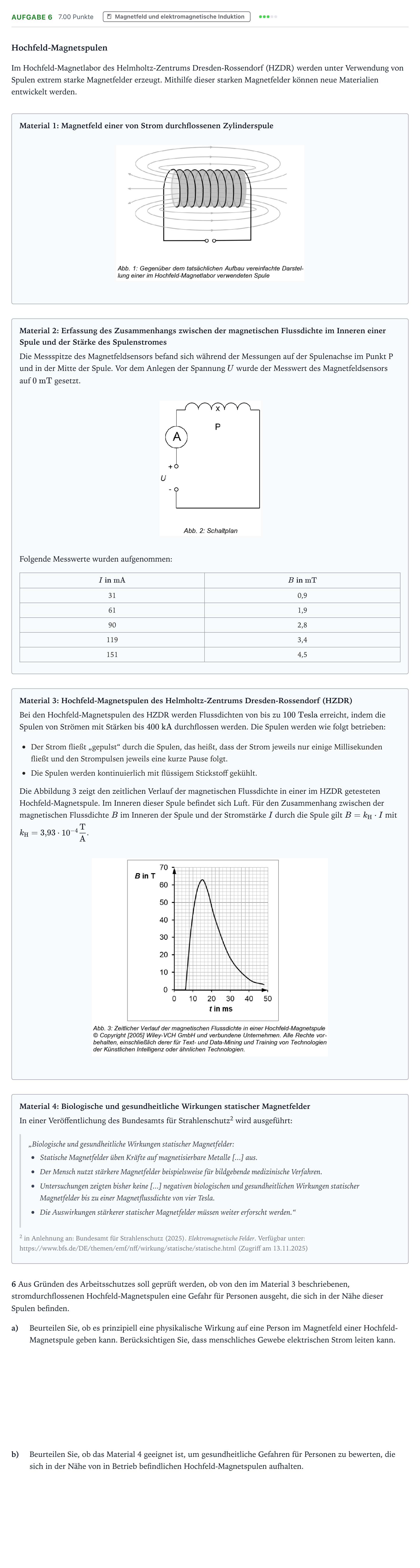 Aufgabenstellung: Aufgabe 6 · Abitur NRW Physik GK · Hochfeld-Magnetspule 2025