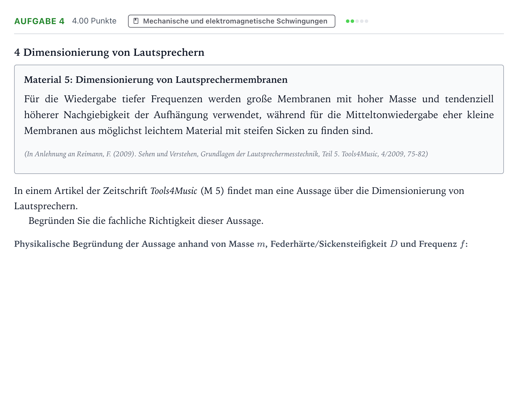 Aufgabenstellung: Aufgabe 4 · Abitur NRW Physik GK · Lautsprecher 2025