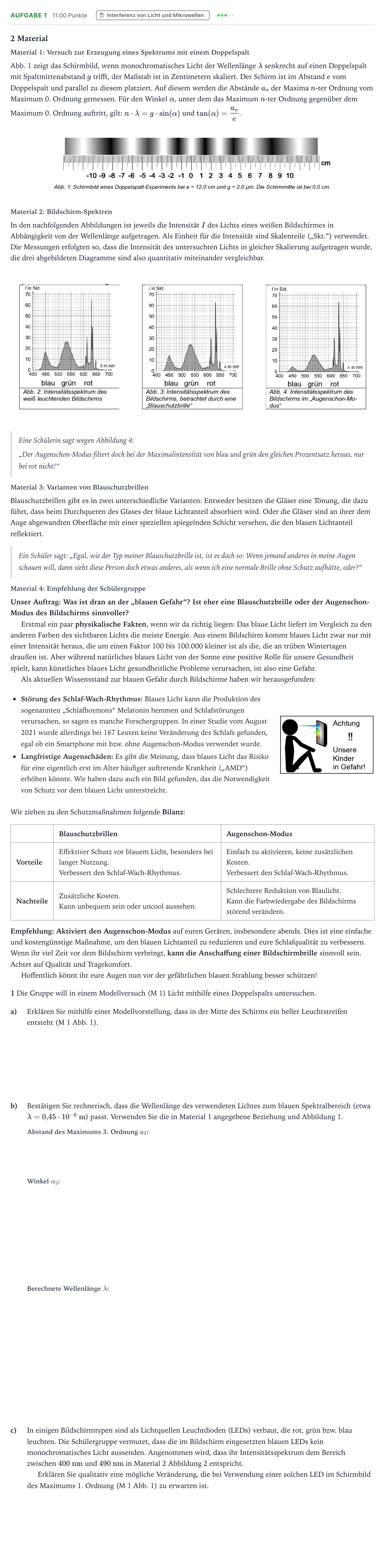 Aufgabenstellung: Aufgabe 1 · Abitur NRW Physik GK · Licht von Bildschirmen 2026