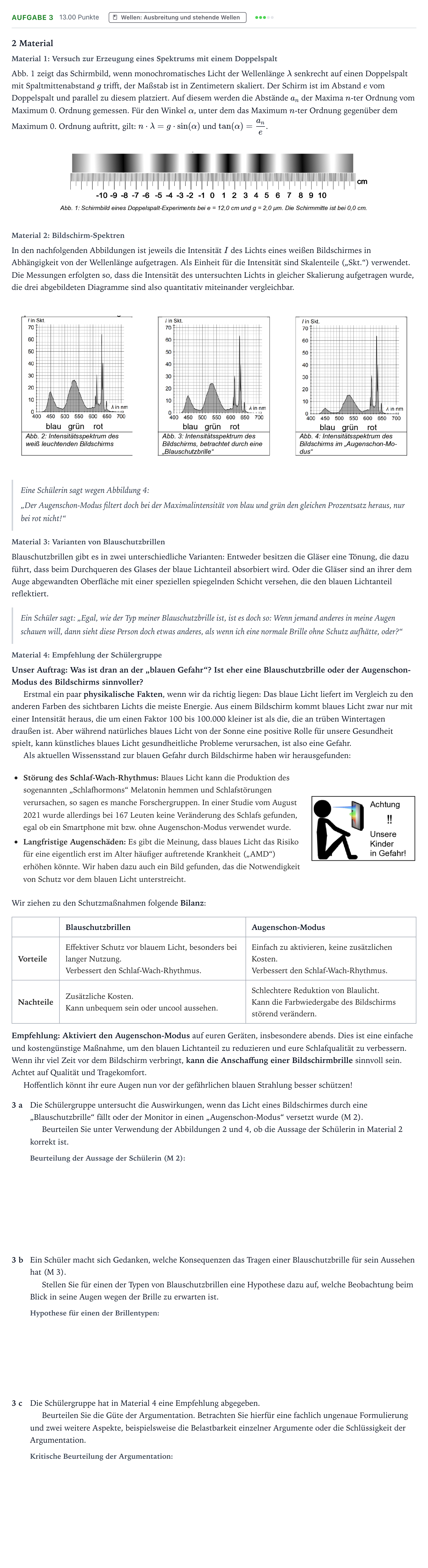 Aufgabenstellung: Aufgabe 3 · Abitur NRW Physik GK · Licht von Bildschirmen 2026