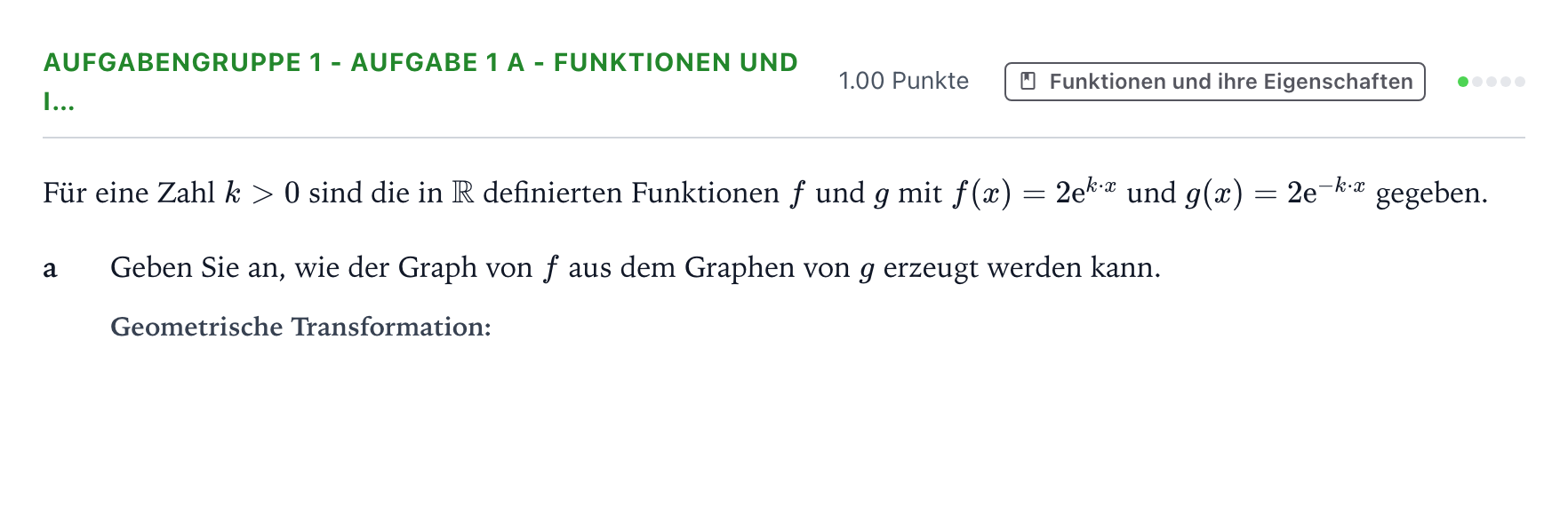 Aufgabenstellung: Aufgabengruppe 1 - Aufgabe 1 a - Funktionen und i… · Abitur NRW Mathematik LK · Teil A · Analysis 2026
