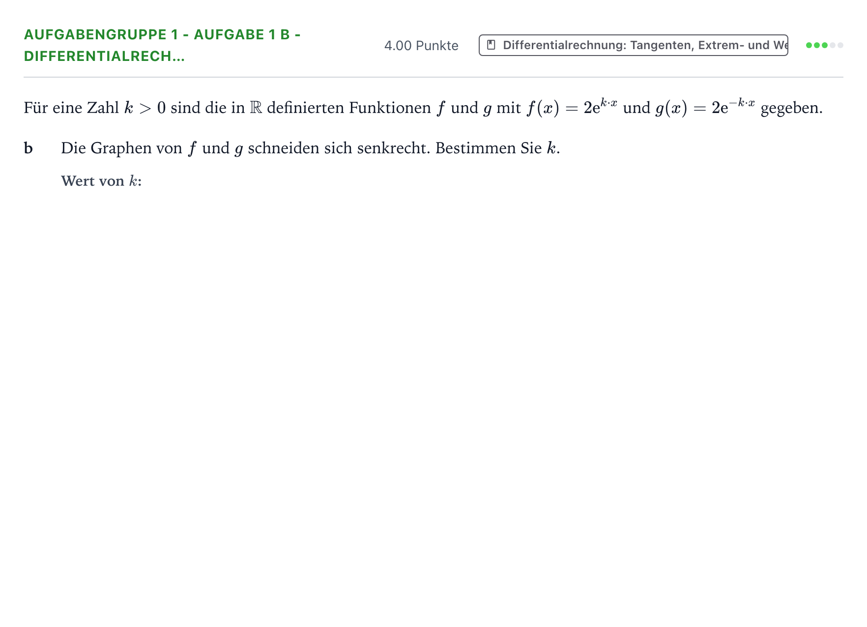 Aufgabenstellung: Aufgabengruppe 1 - Aufgabe 1 b - Differentialrech… · Abitur NRW Mathematik LK · Teil A · Analysis 2026