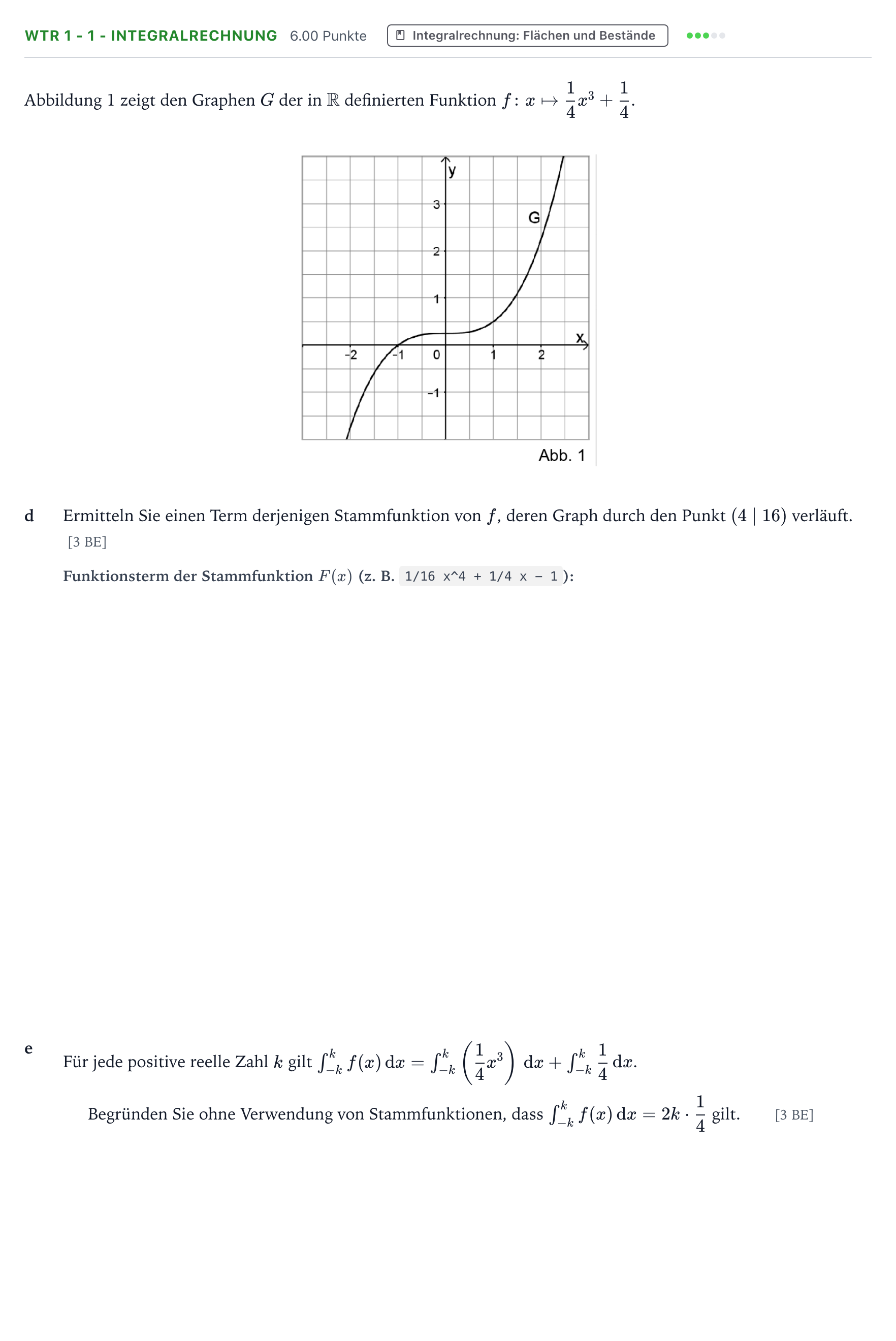 Aufgabenstellung: Aufgabe WTR 1 - 1 - Integralrechnung · Abitur NRW Mathematik GK · Teil B · Analysis (WTR) 2026