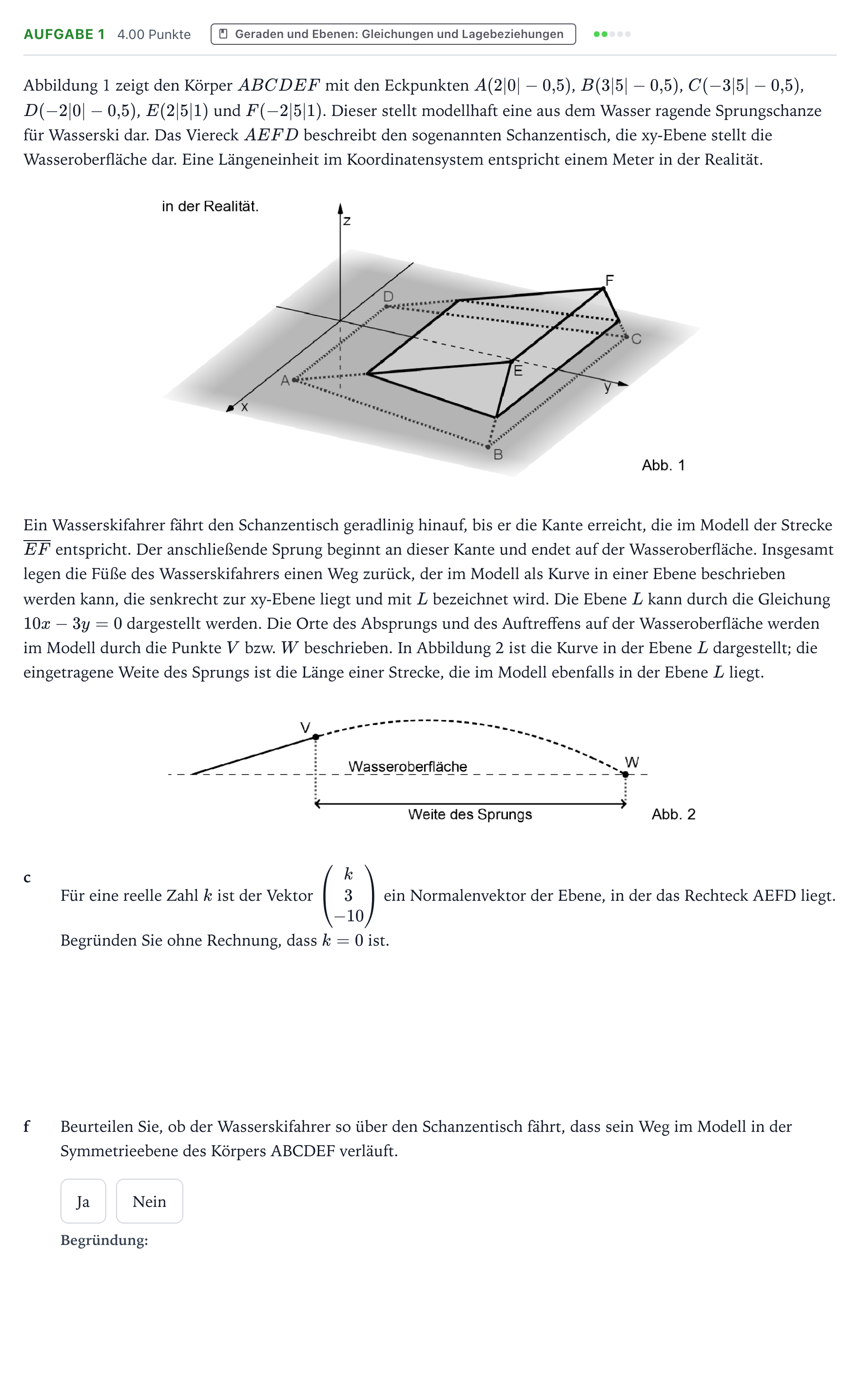 Aufgabenstellung: Aufgabe 1 - Geraden und Ebenen: Gleichungen und L… · Abitur NRW Mathematik LK · Teil B · Analytische Geometrie (WTR 2026