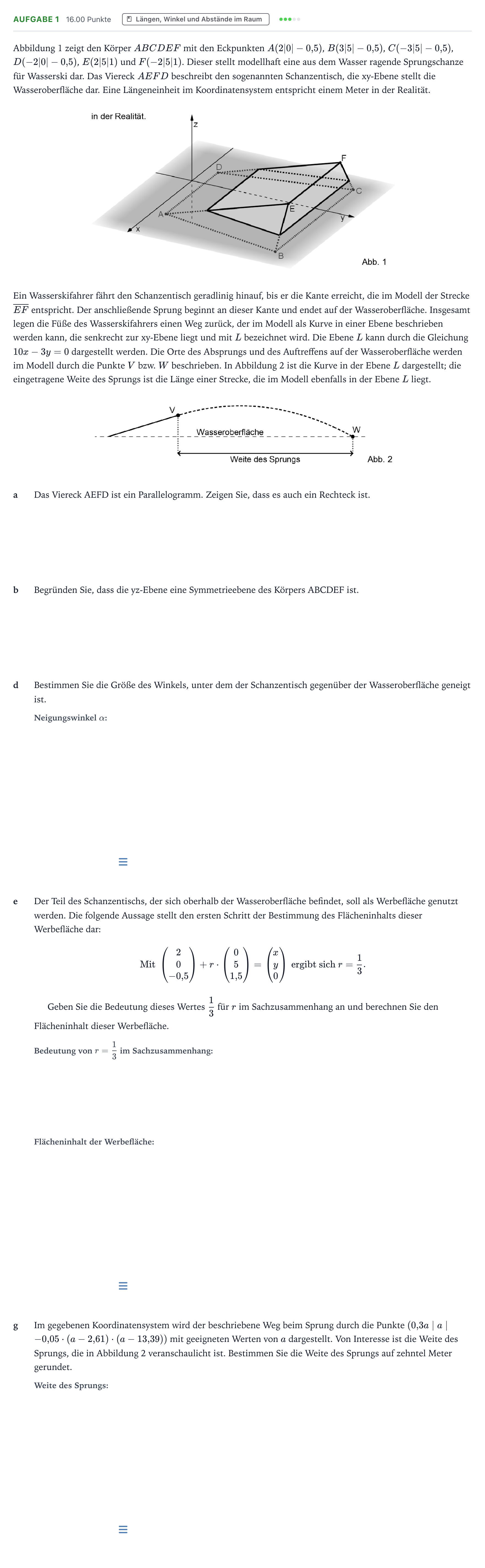 Aufgabenstellung: Aufgabe 1 - Längen, Winkel und Abstände im Raum · Abitur NRW Mathematik LK · Teil B · Analytische Geometrie (WTR 2026