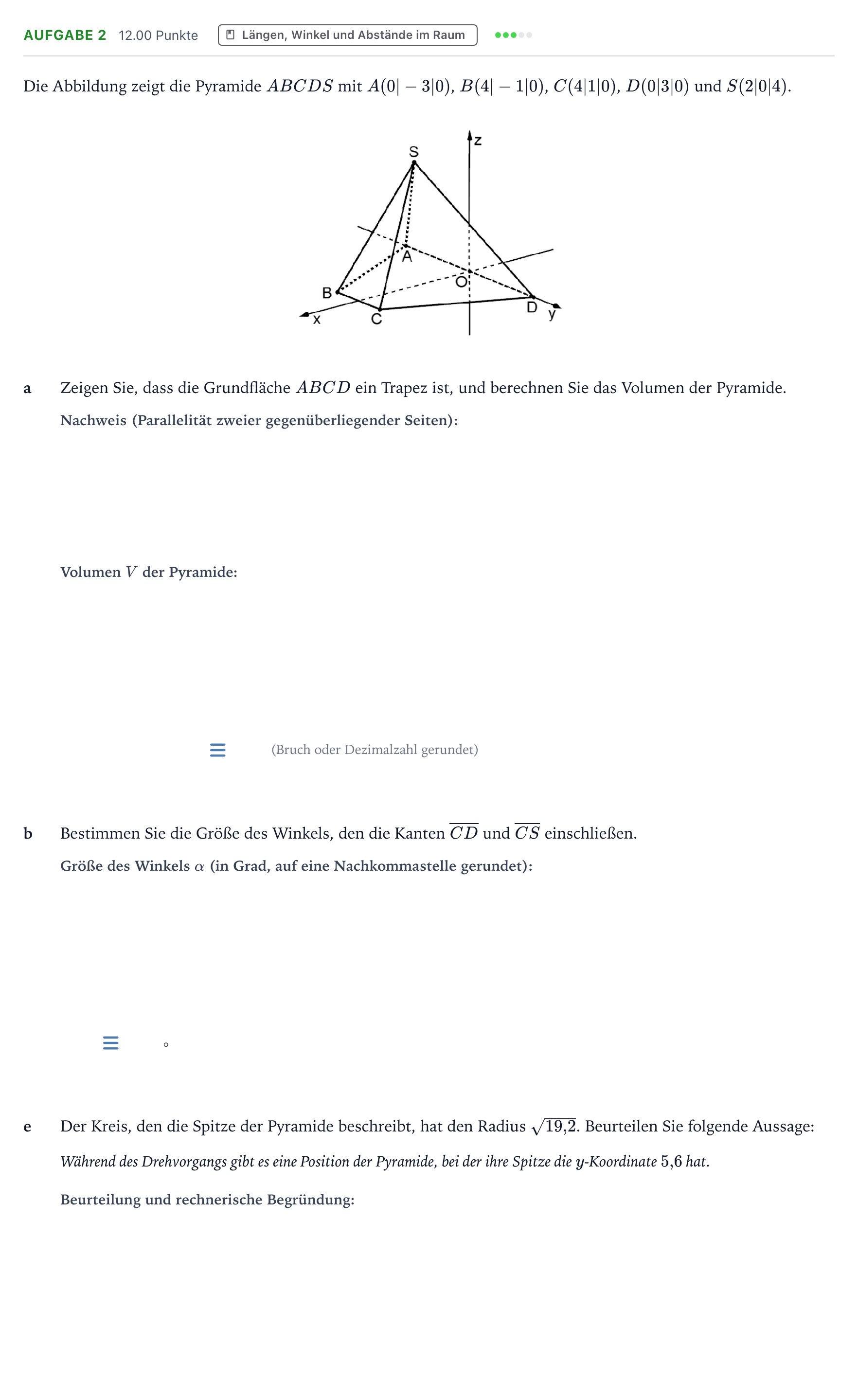 Aufgabenstellung: Aufgabe 2 - Längen, Winkel und Abstände im Raum · Abitur NRW Mathematik LK · Teil B · Analytische Geometrie (WTR 2026