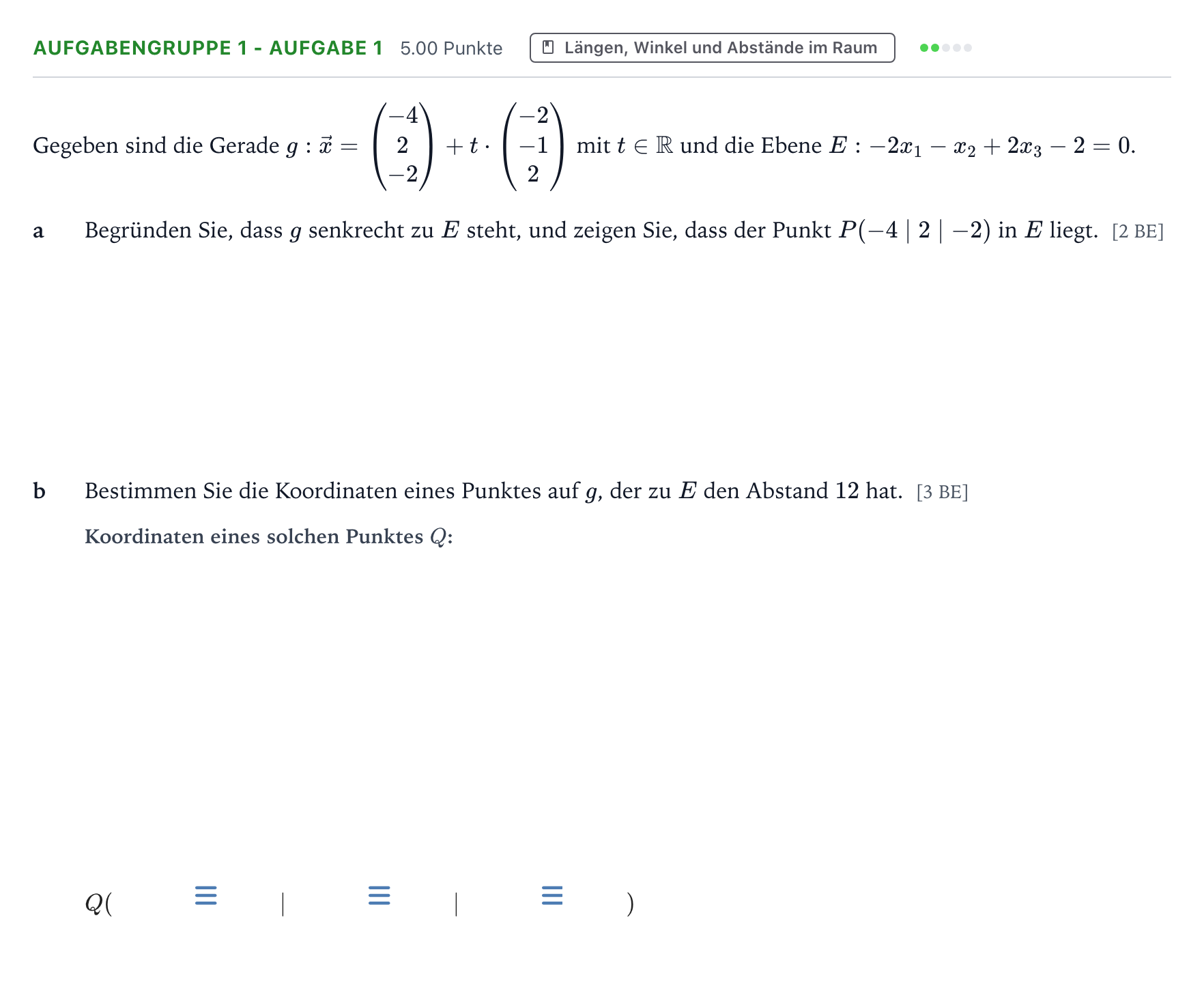 Aufgabenstellung: Aufgabengruppe 1 - Aufgabe 1 · Abitur NRW Mathematik LK · Teil A · Analytische Geometrie 2026