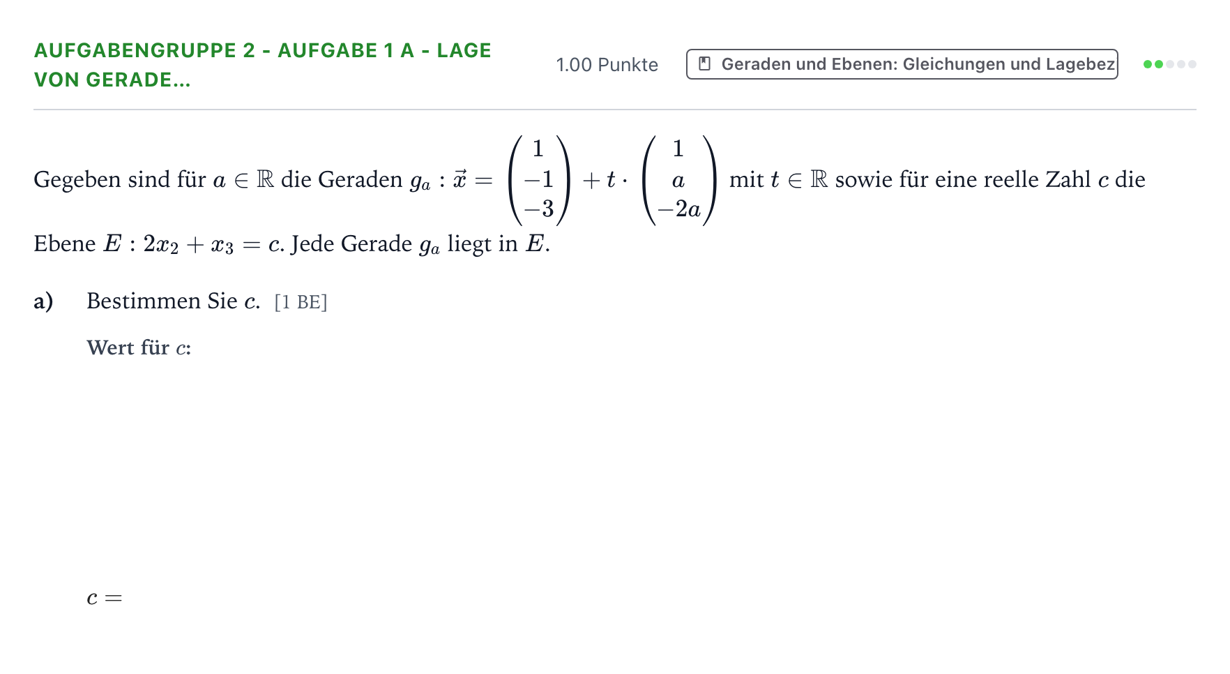 Aufgabenstellung: Aufgabengruppe 2 - Aufgabe 1 a - Lage von Gerade… · Abitur NRW Mathematik LK · Teil A · Analytische Geometrie 2026