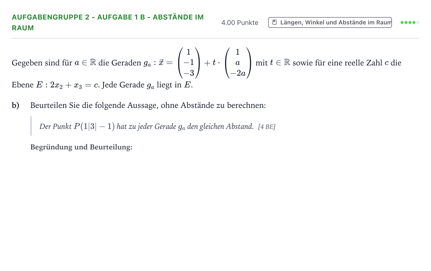 Aufgabenstellung: Aufgabengruppe 2 - Aufgabe 1 b - Abstände im Raum · Abitur NRW Mathematik LK · Teil A · Analytische Geometrie 2026