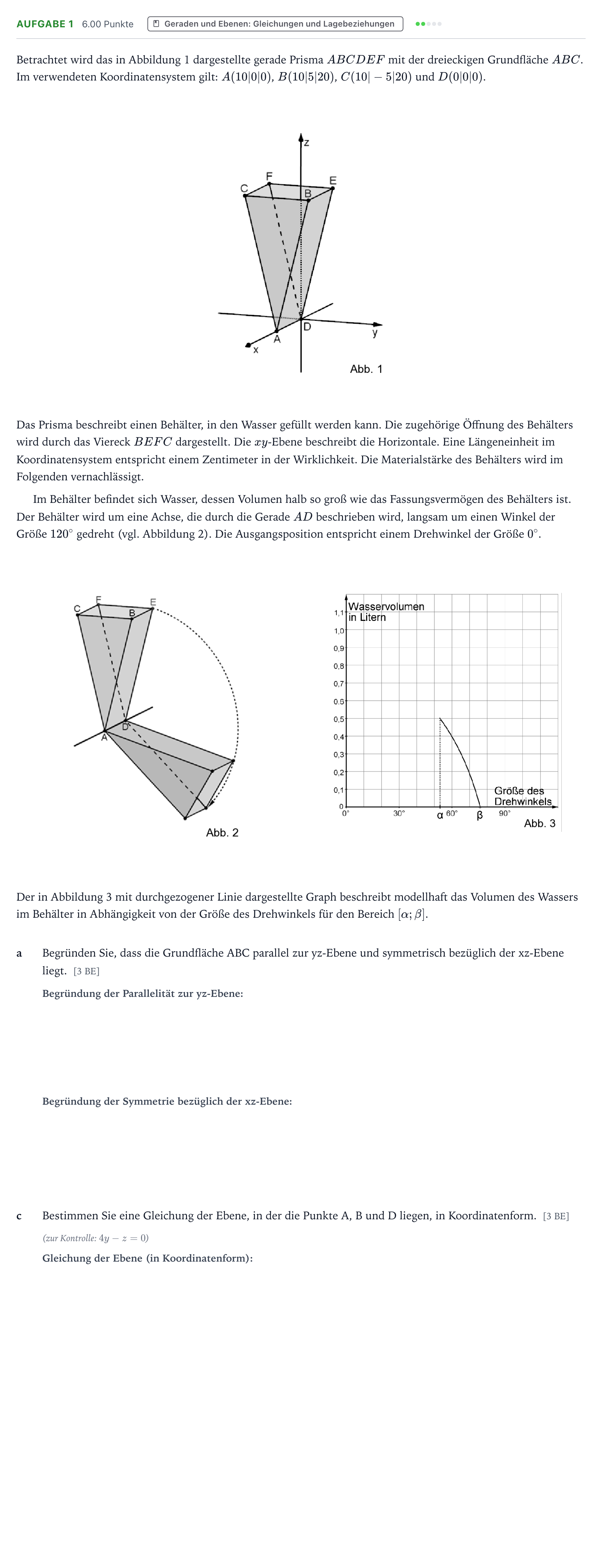 Aufgabenstellung: Aufgabe 1 - Geraden und Ebenen: Gleichungen und L… · Abitur NRW Mathematik GK · Teil B · Analytische Geometrie (CAS 2026