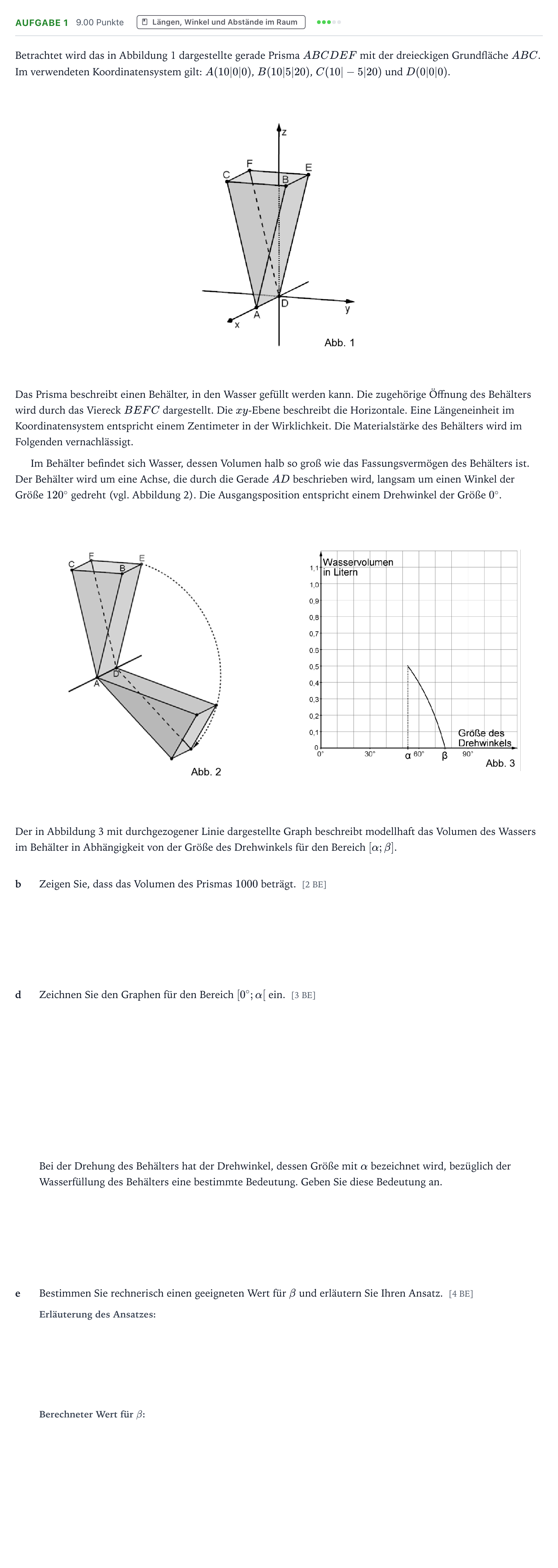 Aufgabenstellung: Aufgabe 1 - Längen, Winkel und Abstände im Raum · Abitur NRW Mathematik GK · Teil B · Analytische Geometrie (CAS 2026