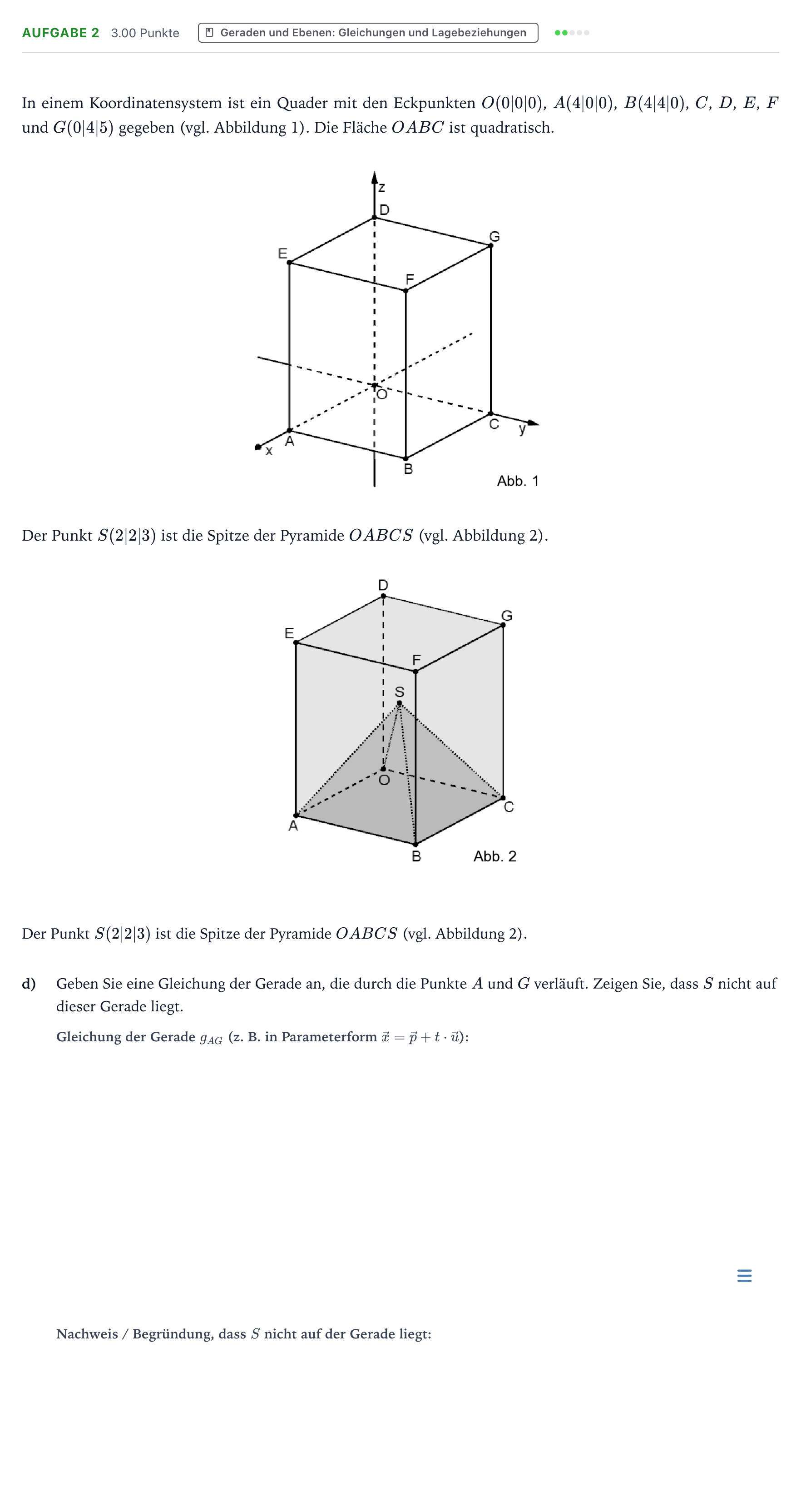 Aufgabenstellung: Aufgabe 2 - Geraden und Ebenen: Gleichungen und L… · Abitur NRW Mathematik GK · Teil B · Analytische Geometrie (CAS 2026