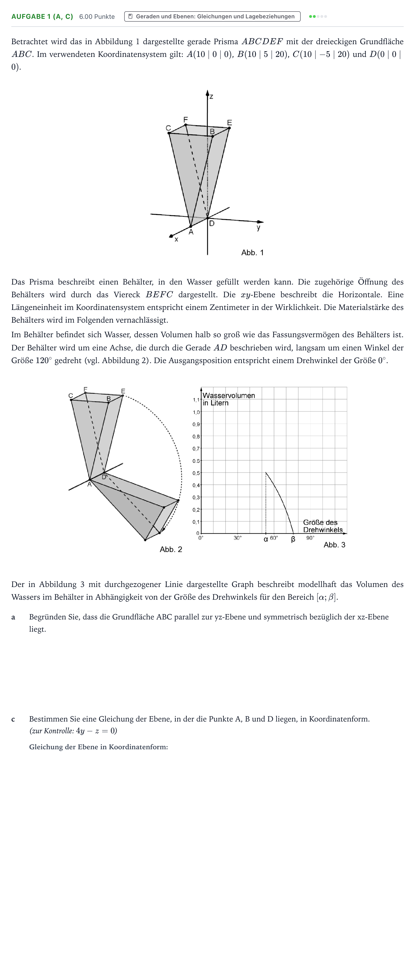 Aufgabenstellung: Aufgabe 1 (a, c) - Geraden und Ebenen · Abitur NRW Mathematik GK · Teil B · Analytische Geometrie (WTR 2026