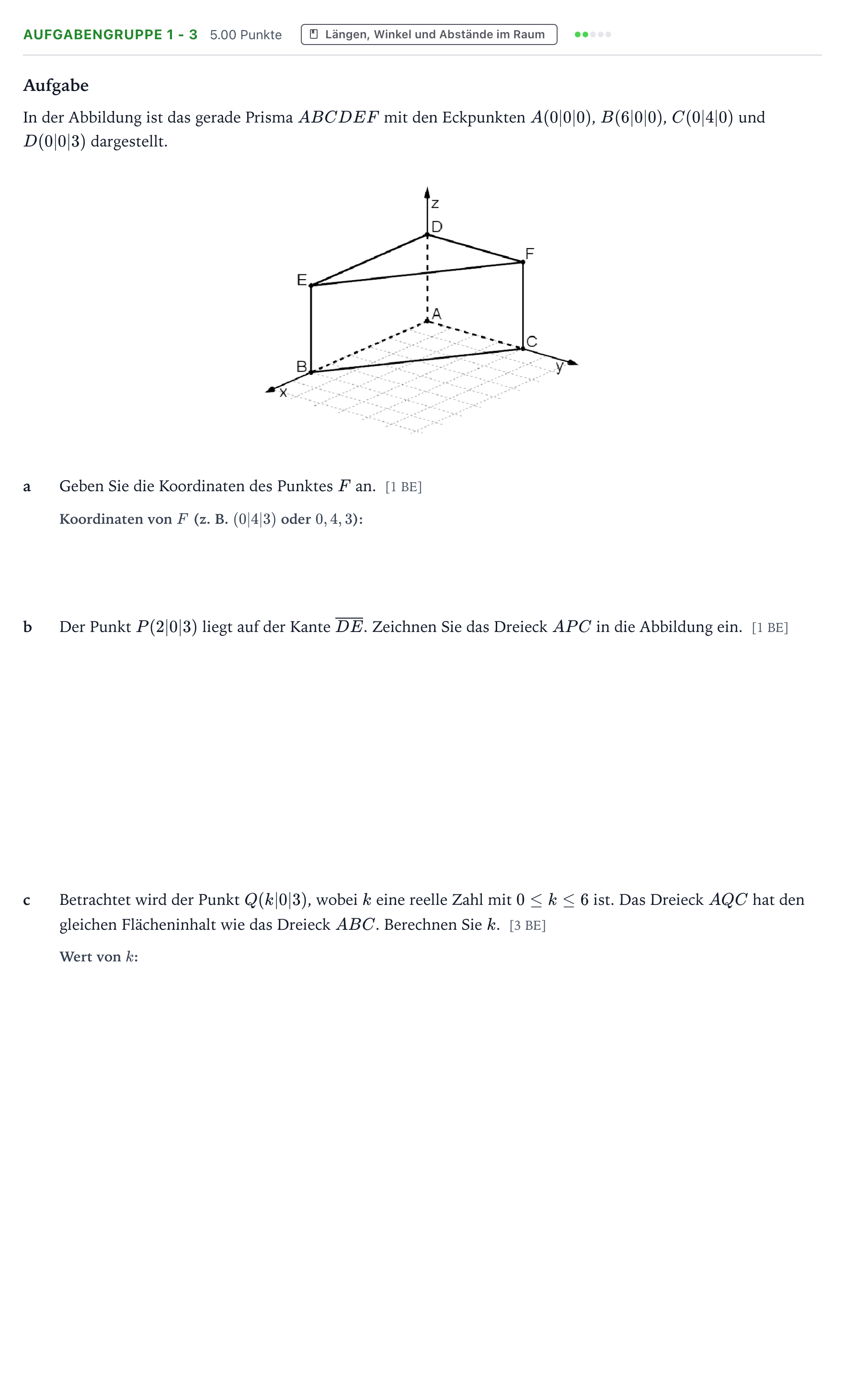 Aufgabenstellung: Aufgabengruppe 1 - 3 · Abitur NRW Mathematik GK · Teil A · Analytische Geometrie 2026
