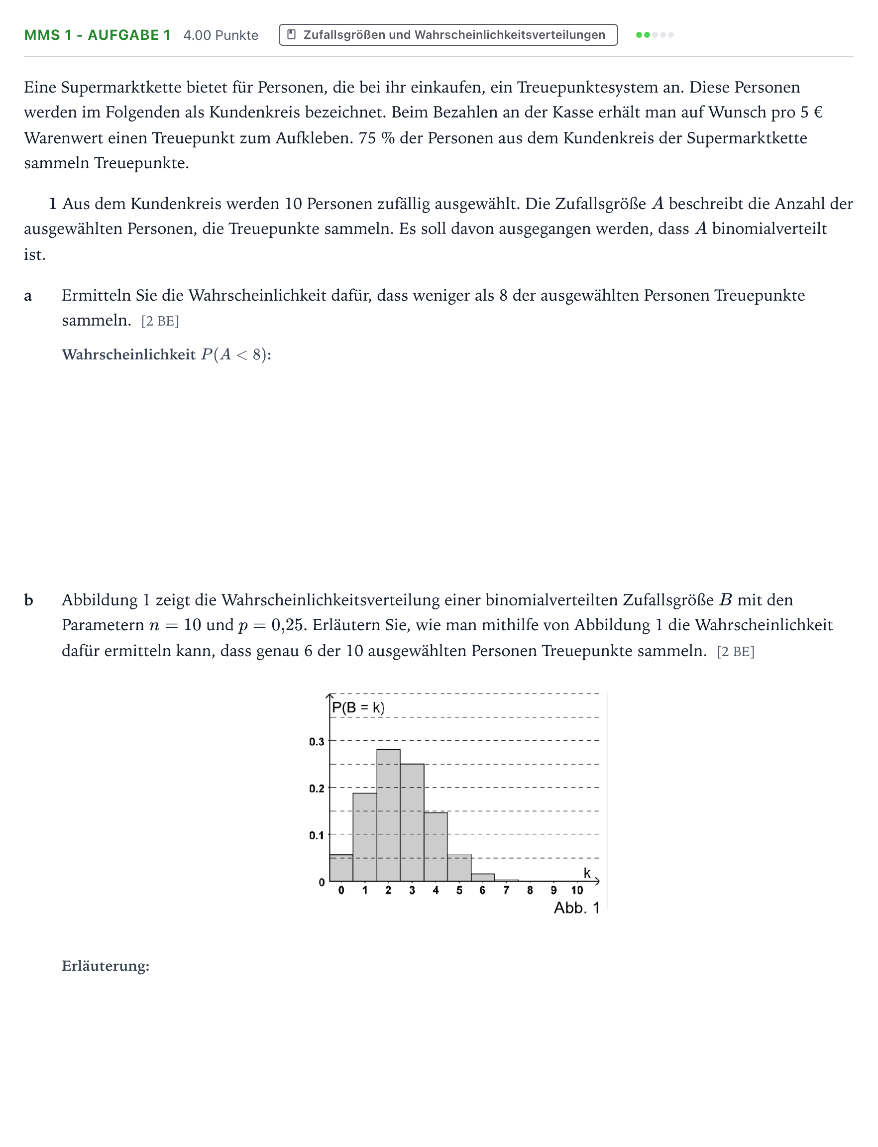 Aufgabenstellung: Aufgabe MMS 1 - Aufgabe 1 · Abitur NRW Mathematik LK · Teil B · Stochastik (CAS) 2026