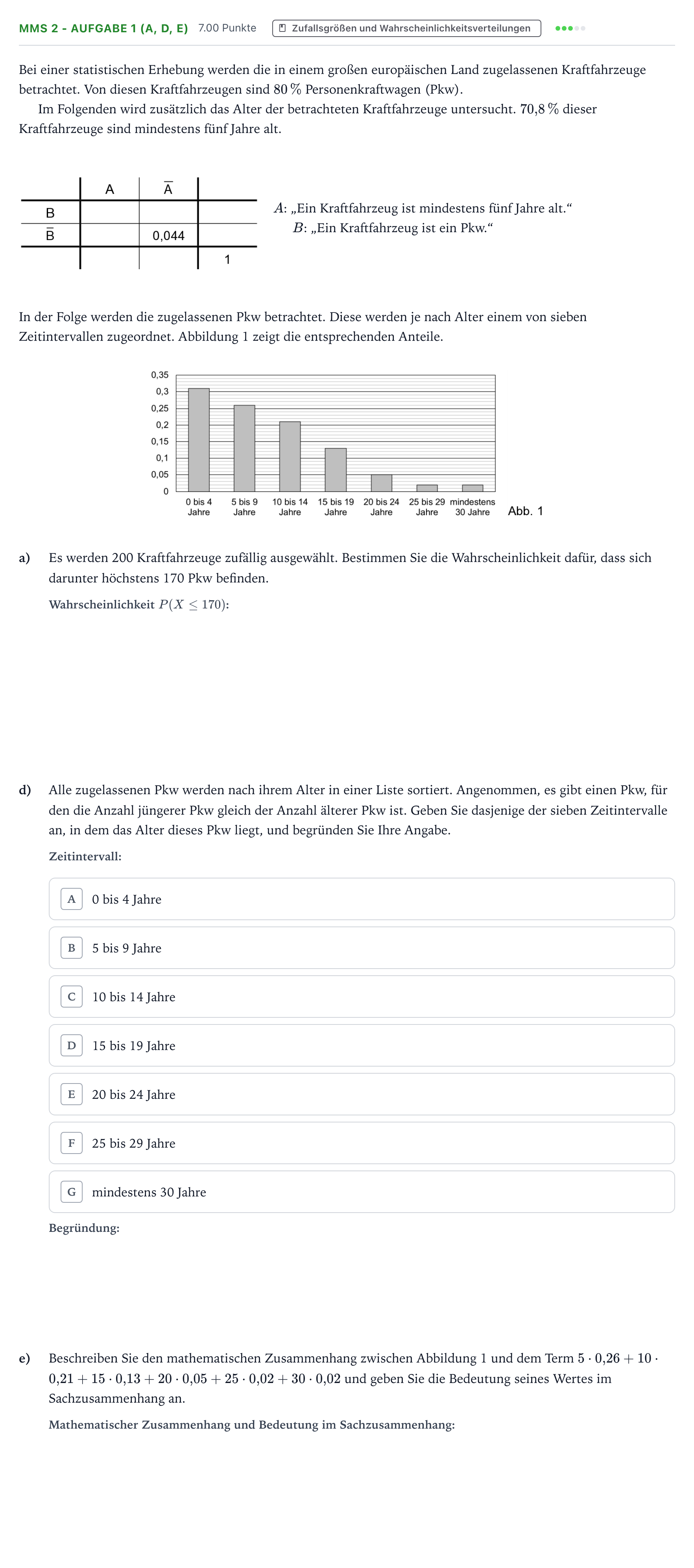 Aufgabenstellung: Aufgabe MMS 2 - Aufgabe 1 (a, d, e) · Abitur NRW Mathematik LK · Teil B · Stochastik (CAS) 2026