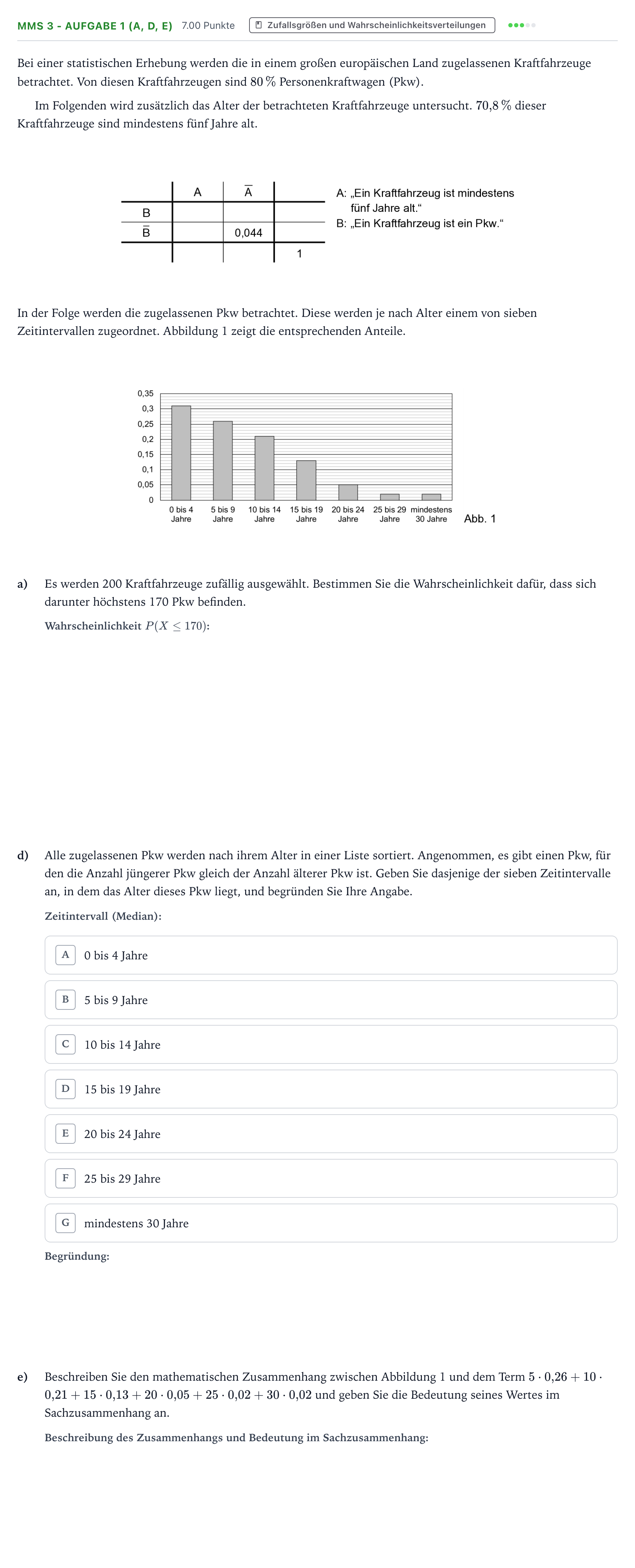 Aufgabenstellung: Aufgabe MMS 3 - Aufgabe 1 (a, d, e) · Abitur NRW Mathematik LK · Teil B · Stochastik (CAS) 2026