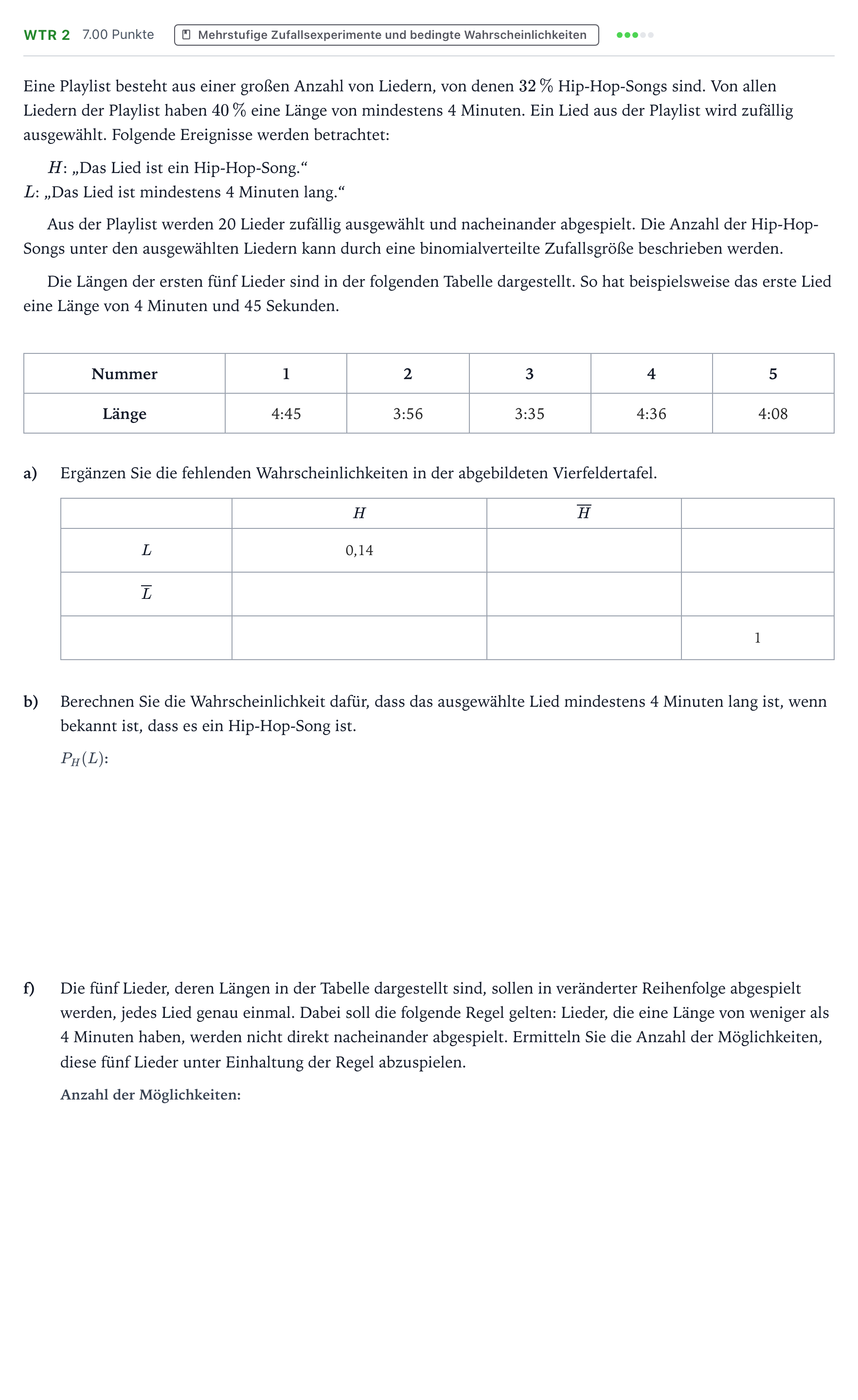 Aufgabenstellung: Aufgabe WTR 2 - Mehrstufige Zufallsexperimente · Abitur NRW Mathematik GK · Teil B · Stochastik (WTR) 2026