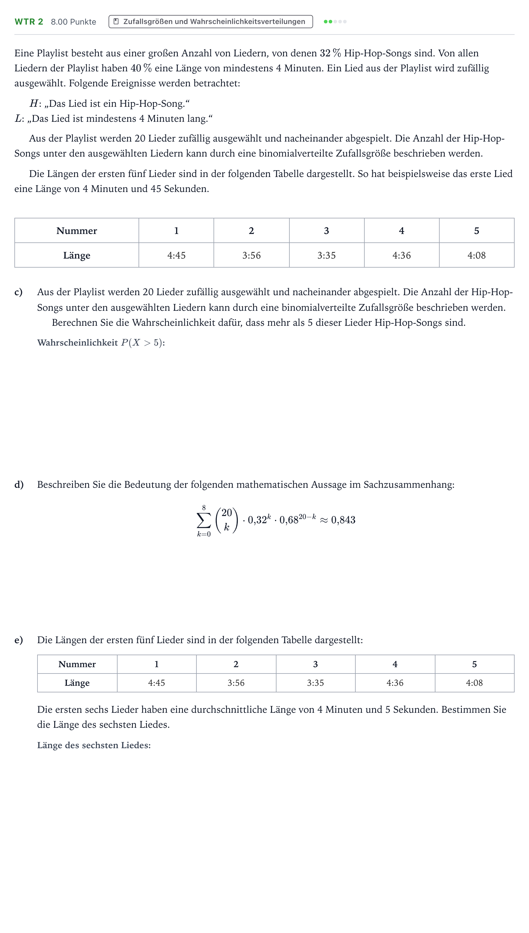 Aufgabenstellung: Aufgabe WTR 2 - Zufallsgrößen und Wahrscheinlichkeitsvert… · Abitur NRW Mathematik GK · Teil B · Stochastik (WTR) 2026
