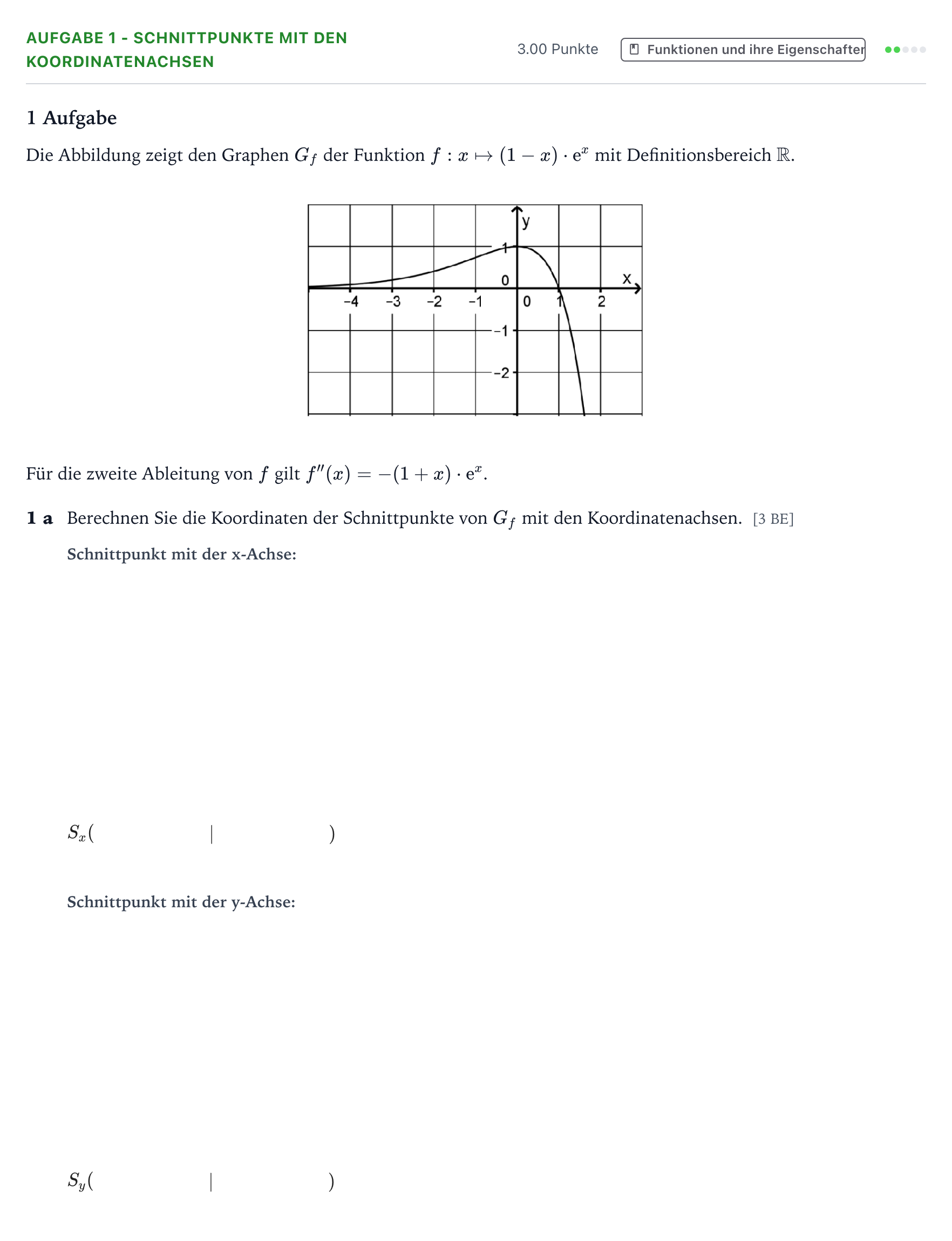 Aufgabenstellung: Aufgabe 1 - Schnittpunkte mit den Koordinatenachsen · Abitur NRW Mathematik GK · Teil B · Analysis (WTR)