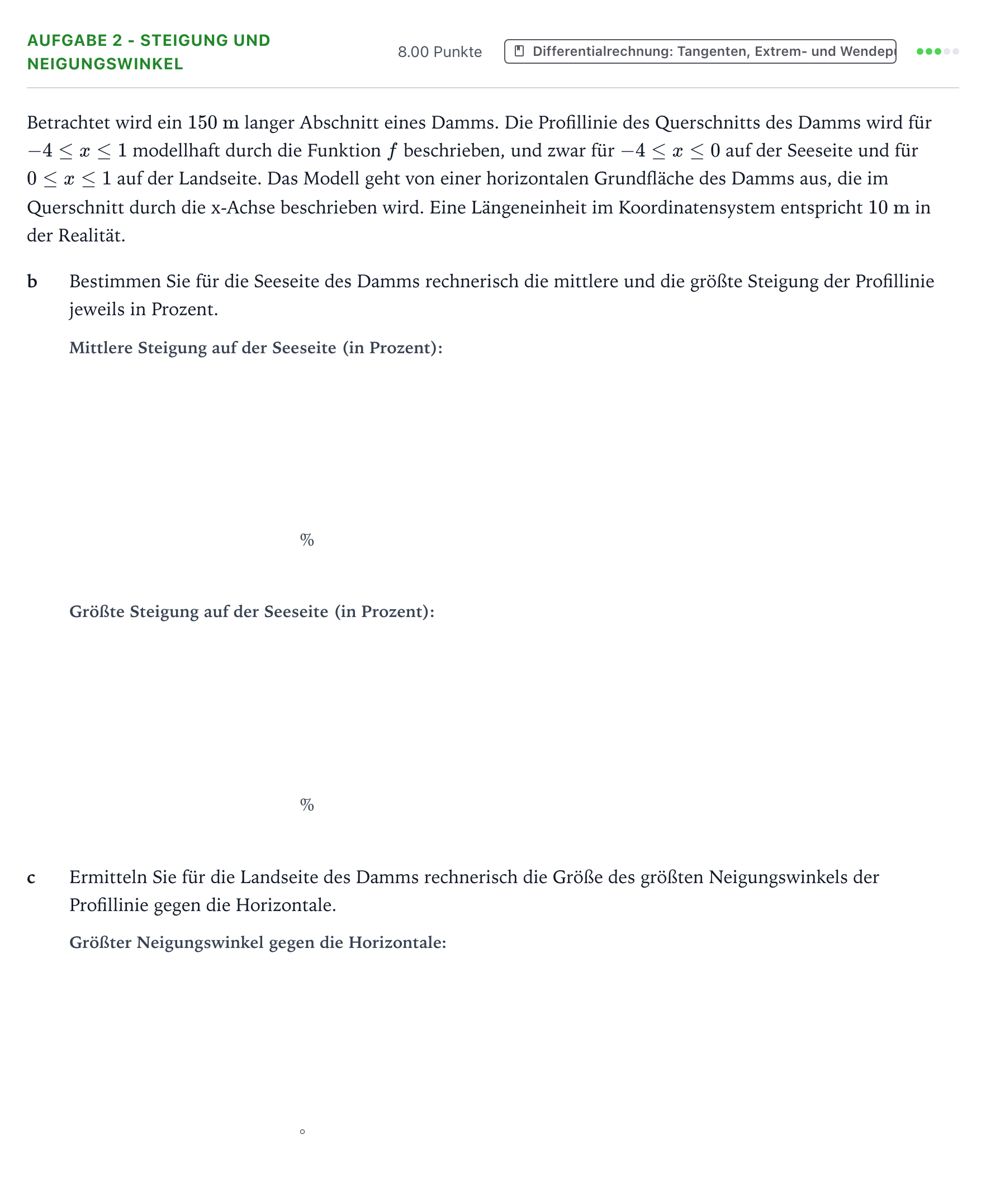 Aufgabenstellung: Aufgabe 2 - Steigung und Neigungswinkel · Abitur NRW Mathematik GK · Teil B · Analysis (WTR)