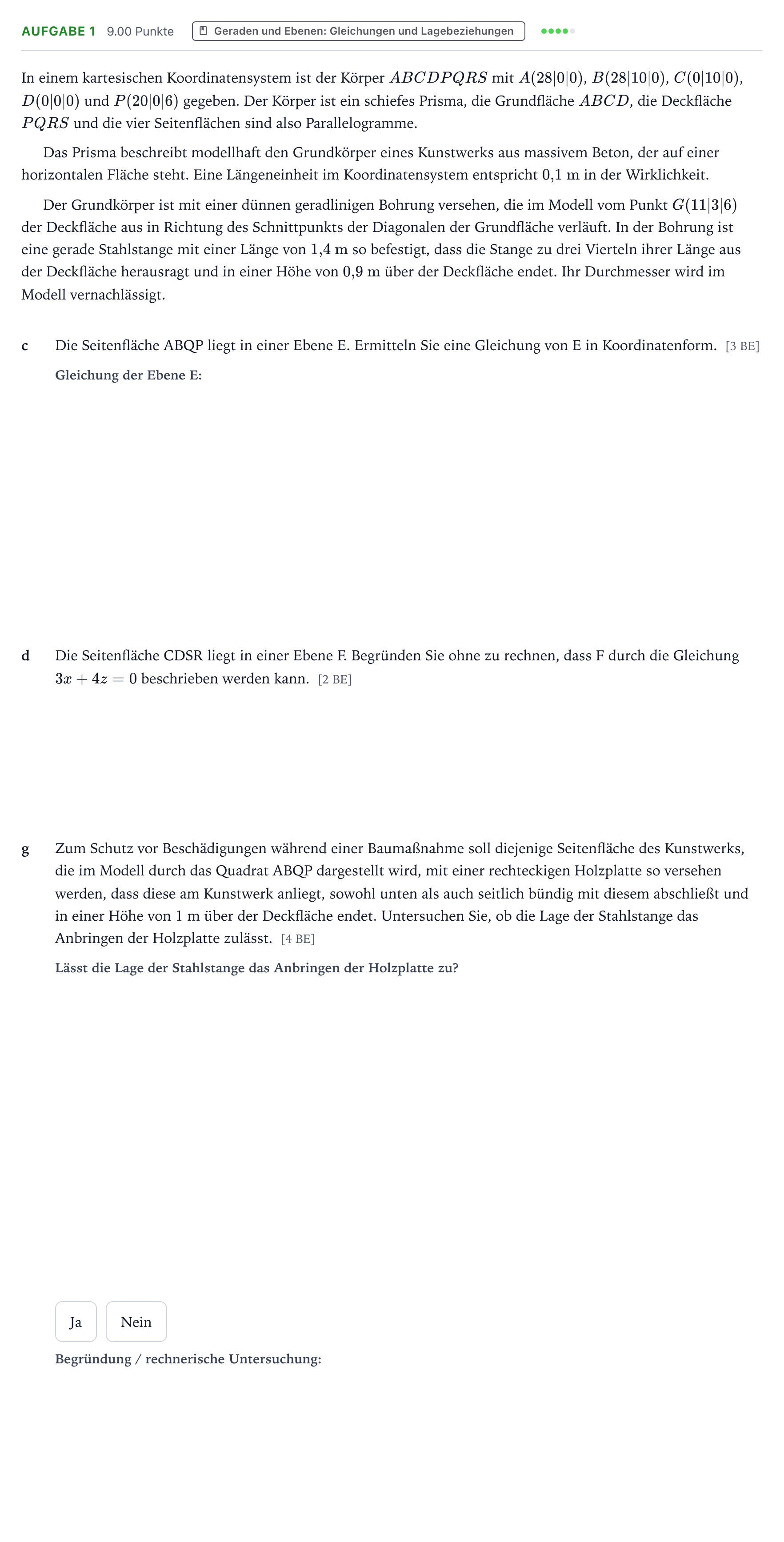Aufgabenstellung: Aufgabe 1 - Geraden und Ebenen: Gleichungen und Lagebezie… · Abitur NRW Mathematik LK · Teil B · Analytische Geometrie (WTR