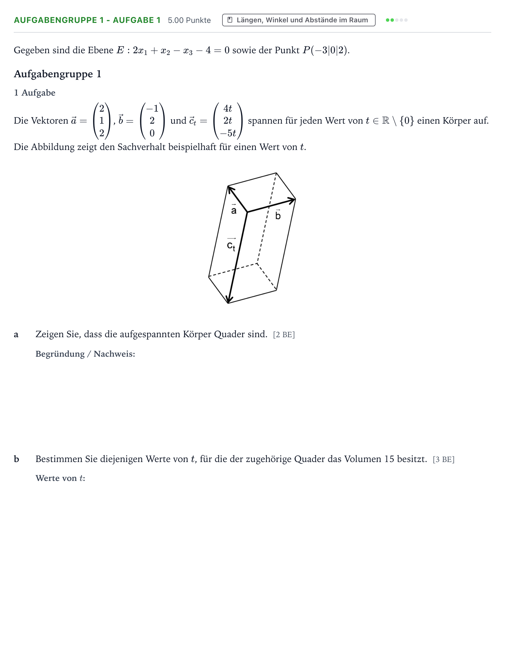 Aufgabenstellung: Aufgabengruppe 1 - Aufgabe 1 · Abitur NRW Mathematik LK · Teil A · Analytische Geometrie