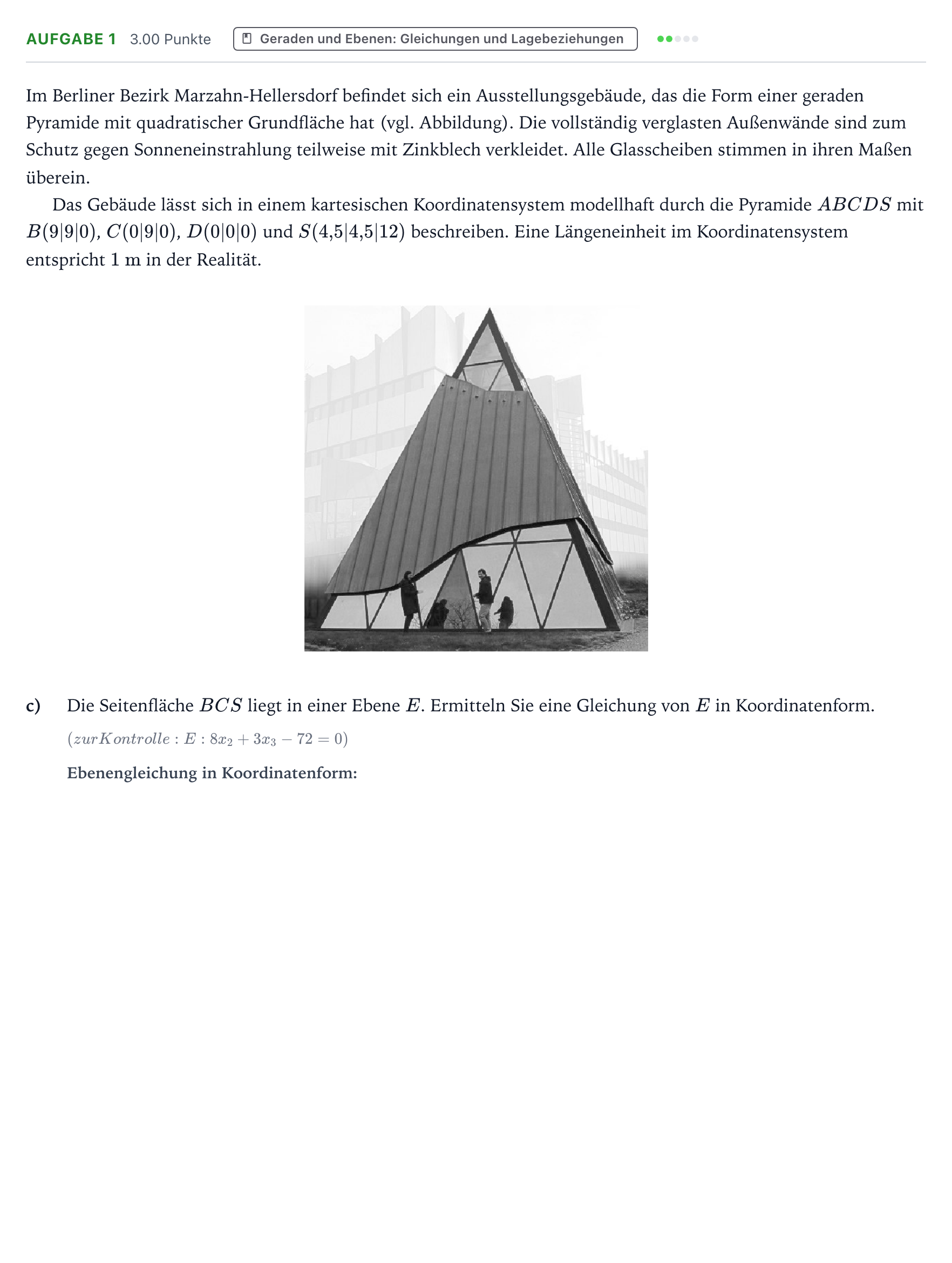 Aufgabenstellung: Aufgabe 1 - Geraden und Ebenen: Gleichungen und Lagebezie… · Abitur NRW Mathematik GK · Teil B · Analytische Geometrie (CAS