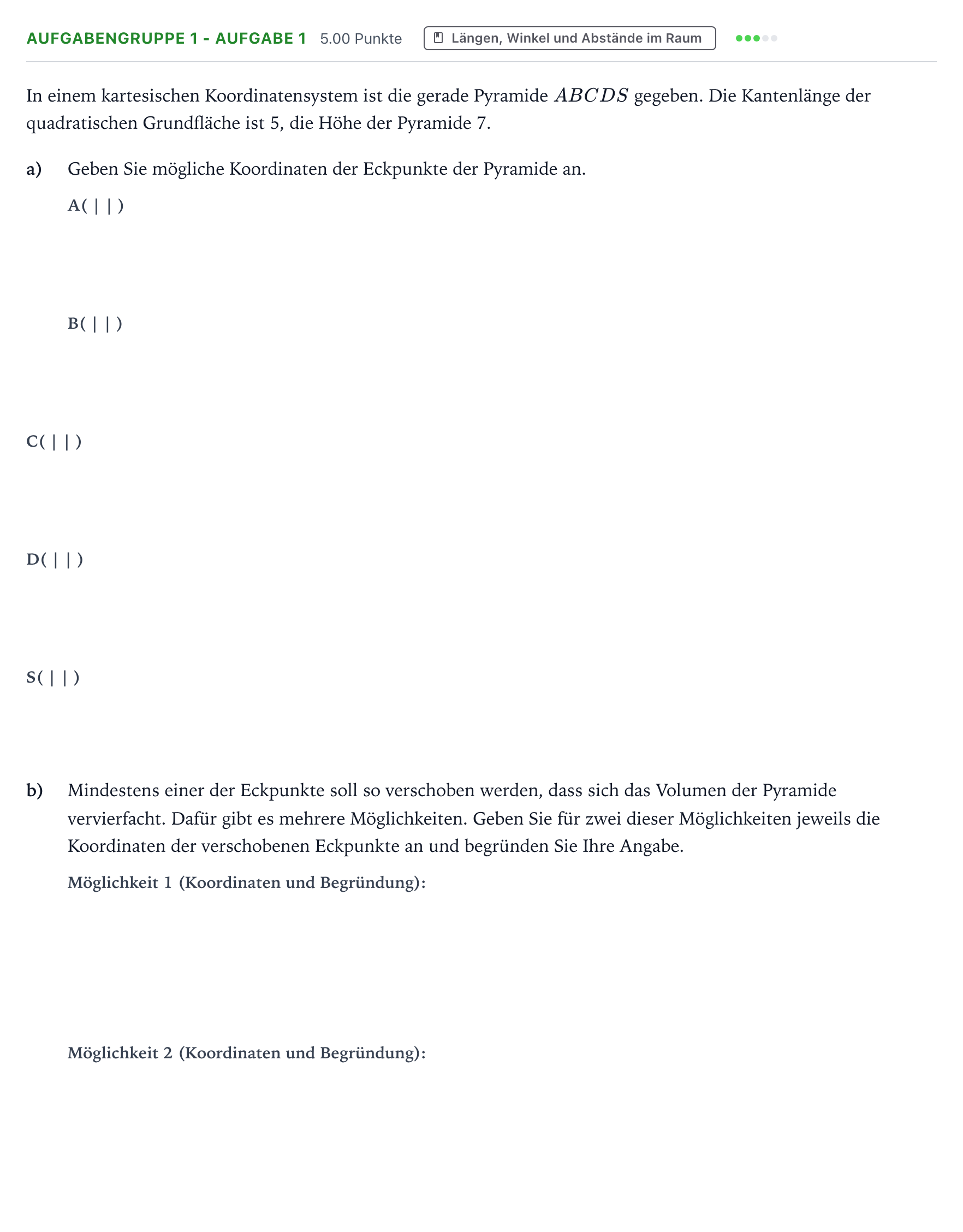 Aufgabenstellung: Aufgabengruppe 1 - Aufgabe 1 · Abitur NRW Mathematik GK · Teil A · Analytische Geometrie