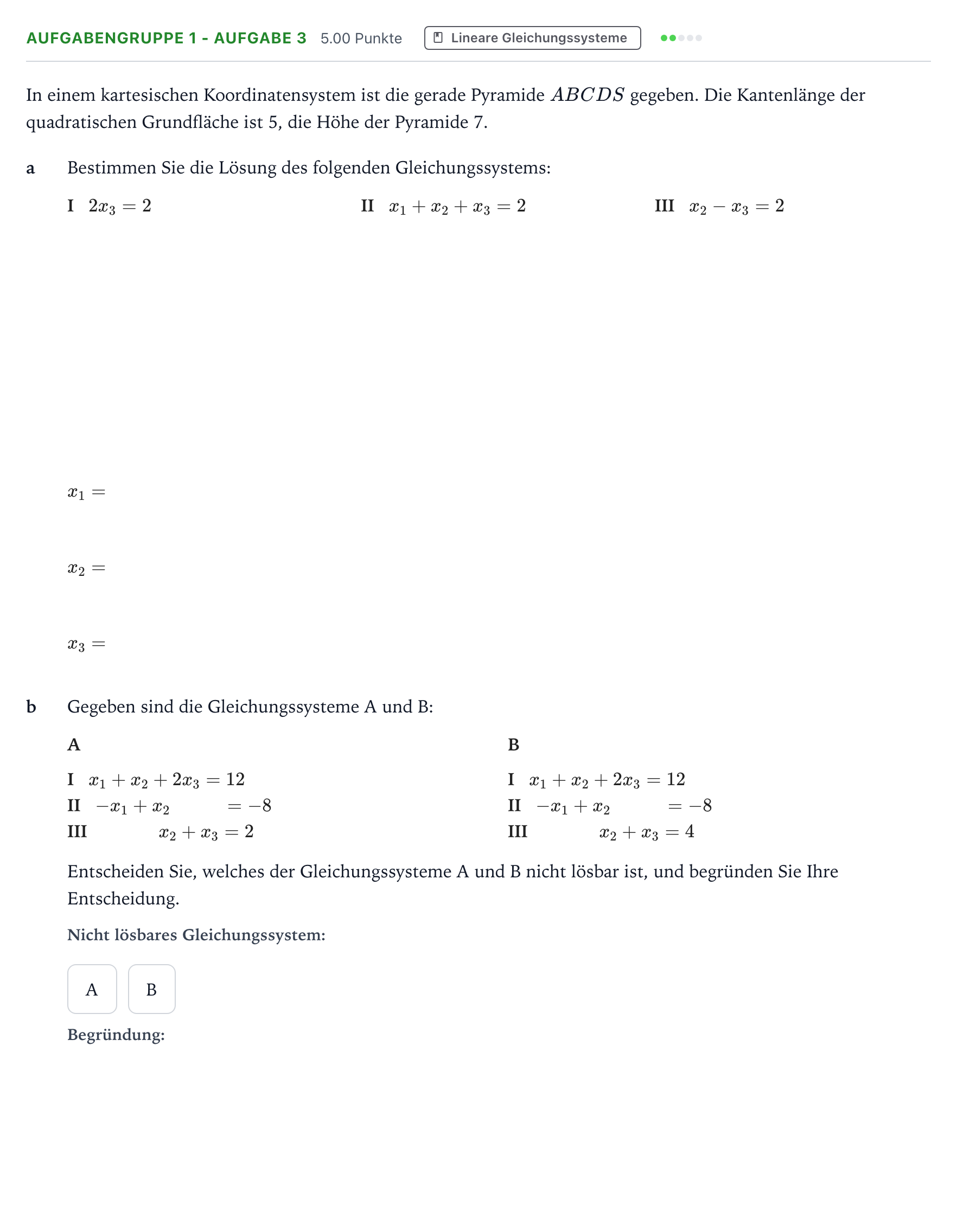 Aufgabenstellung: Aufgabengruppe 1 - Aufgabe 3 · Abitur NRW Mathematik GK · Teil A · Analytische Geometrie