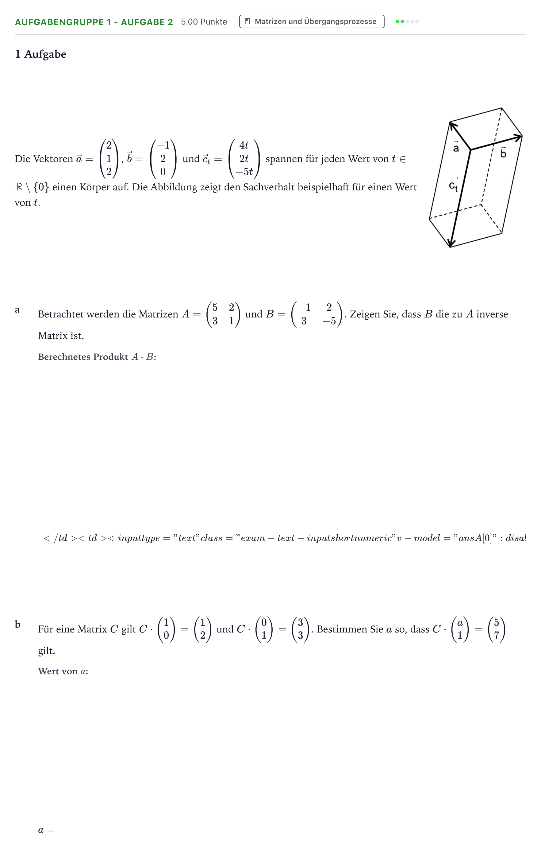 Aufgabenstellung: Aufgabengruppe 1 - Aufgabe 2 · Abitur NRW Mathematik LK · Teil A · Lineare Algebra